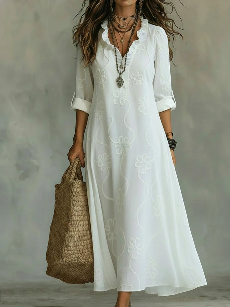 Women's Vintage Midi Summer Dress with Ruffle and V-Neck