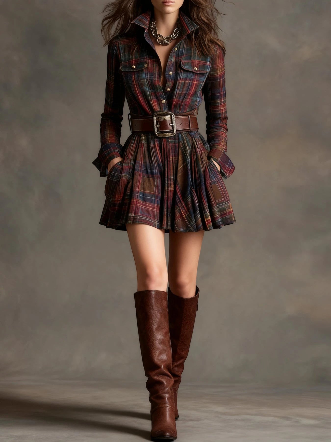 Women's Vintage Plaid Mini Summer Dress with Pleated