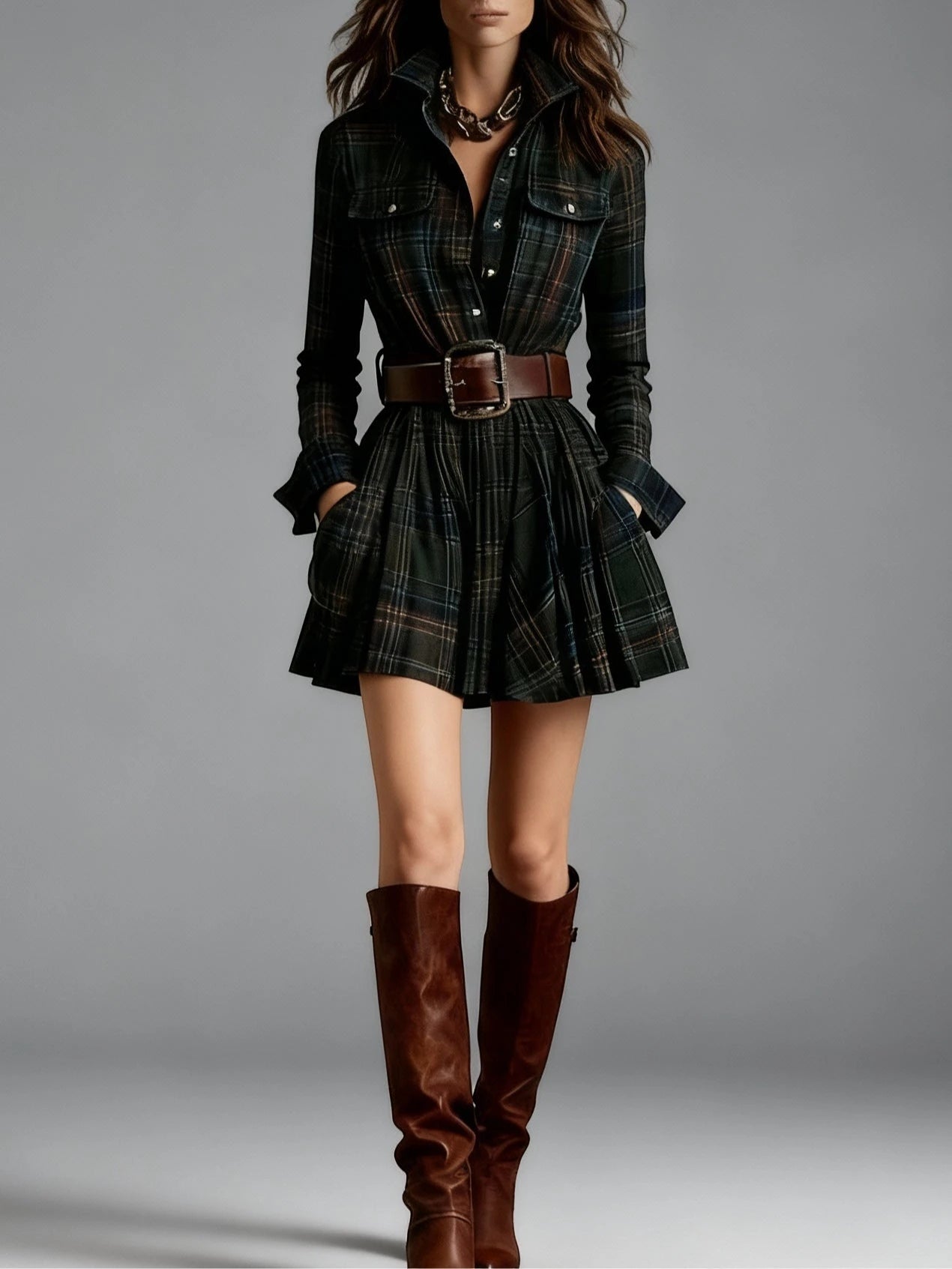 Women's Vintage Plaid Mini Summer Dress with Pleated