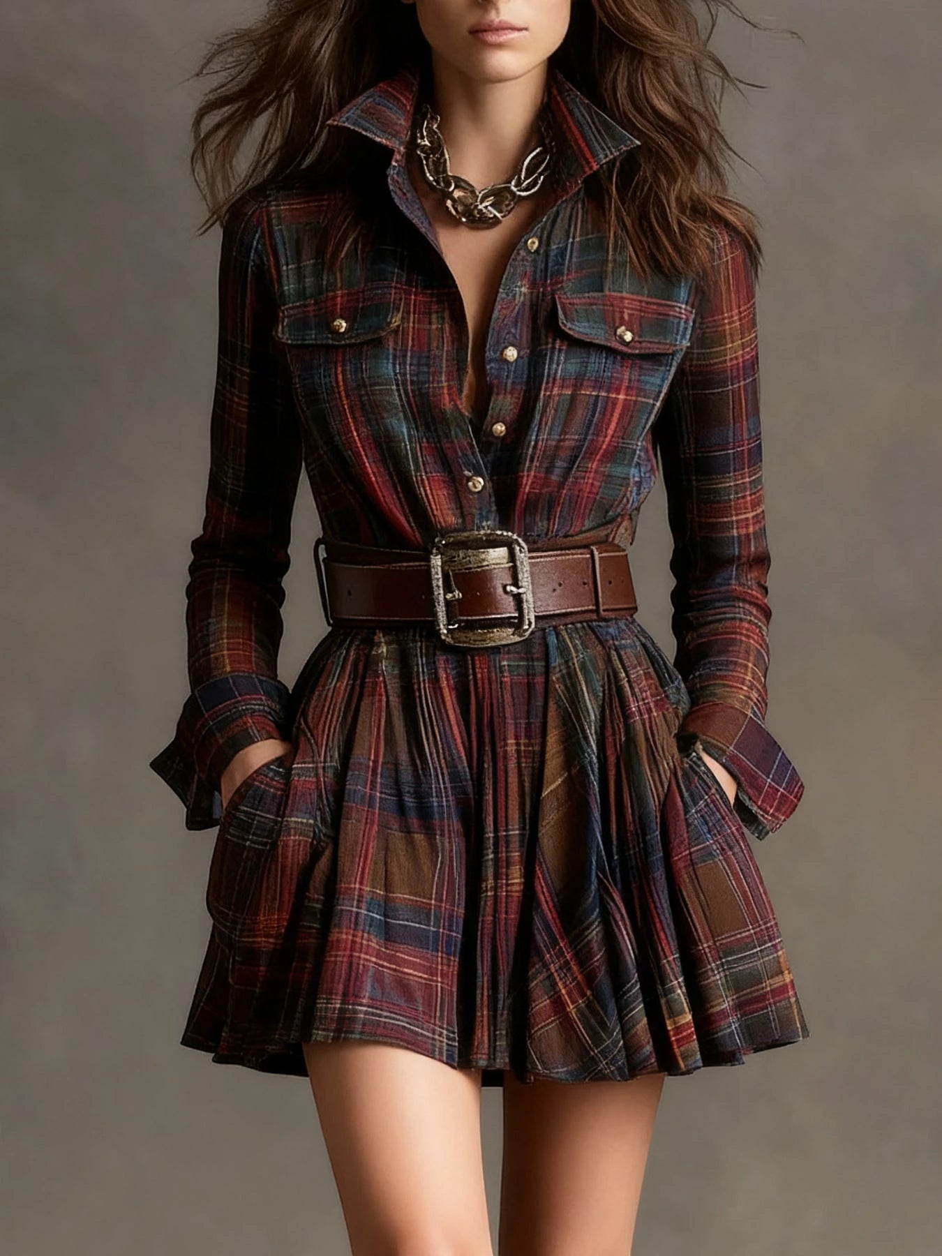 Women's Vintage Plaid Mini Summer Dress with Pleated