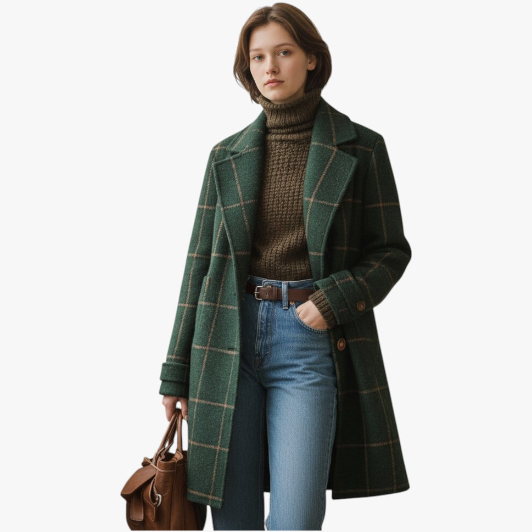 Woman wearing a green plaid coat, brown turtleneck, blue jeans, and holding a brown bag on a white background