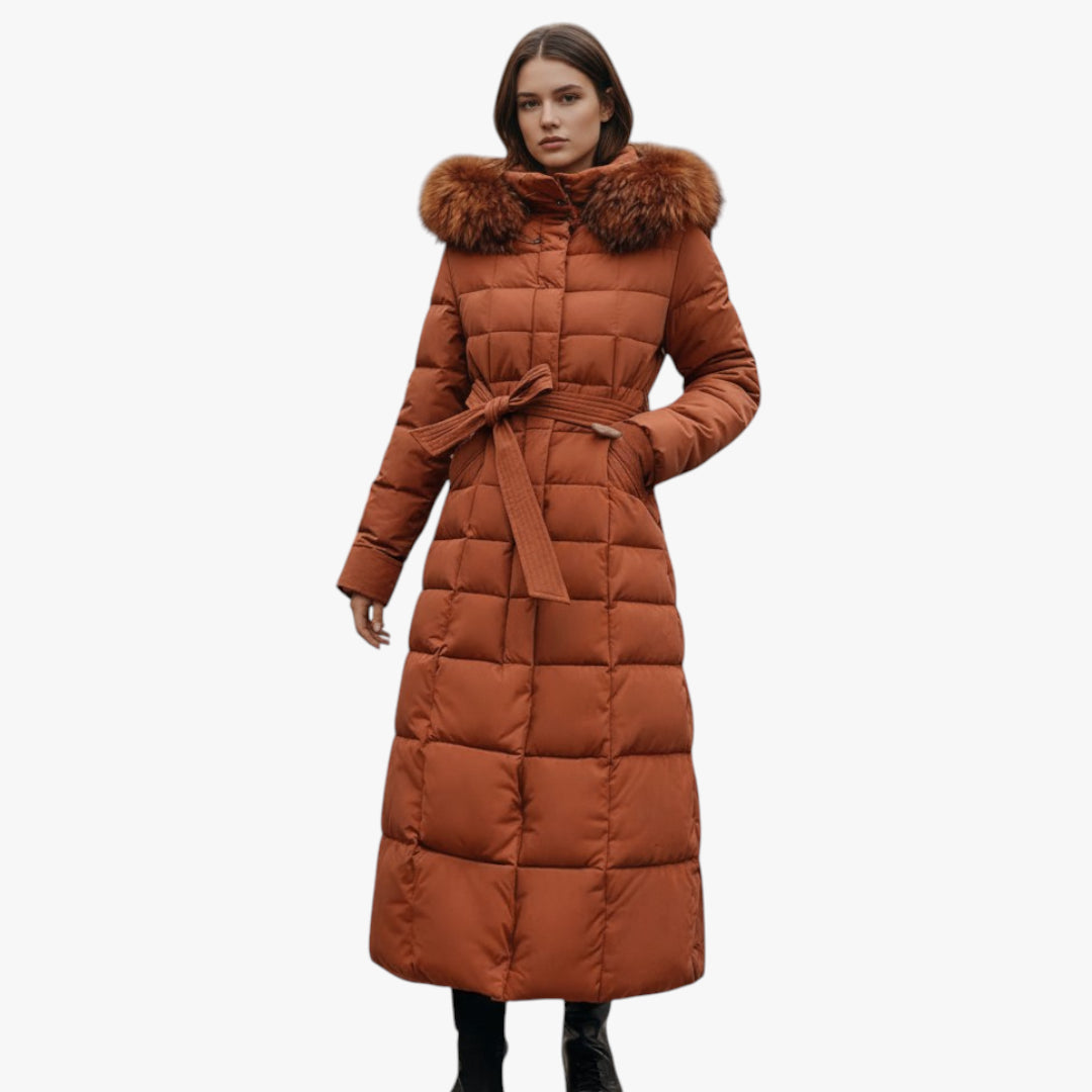 Brown puffer coat with fur hood on a white background