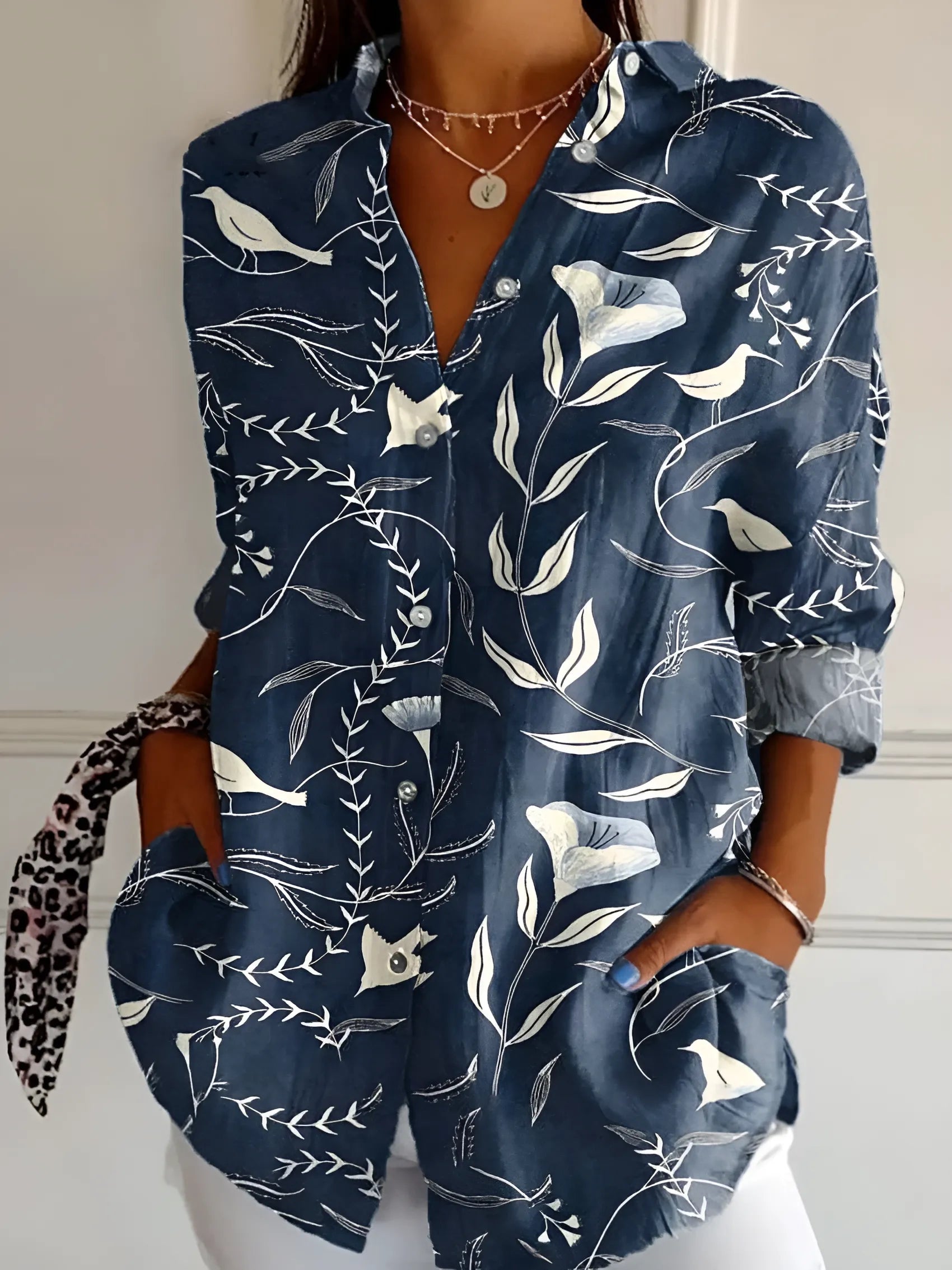 Women's Long Sleeve Shirt with V-Neck and Regular Collar
