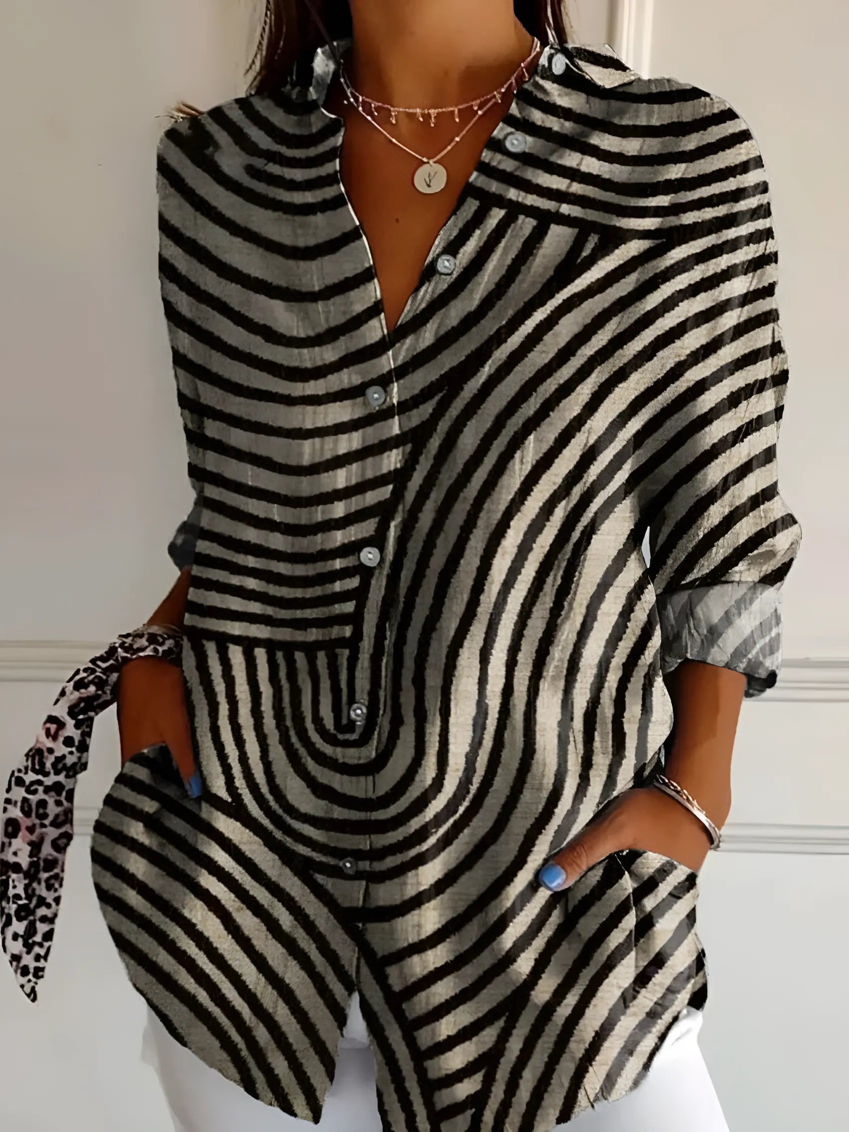 Women's Long Sleeve Shirt with V-Neck and Regular Collar