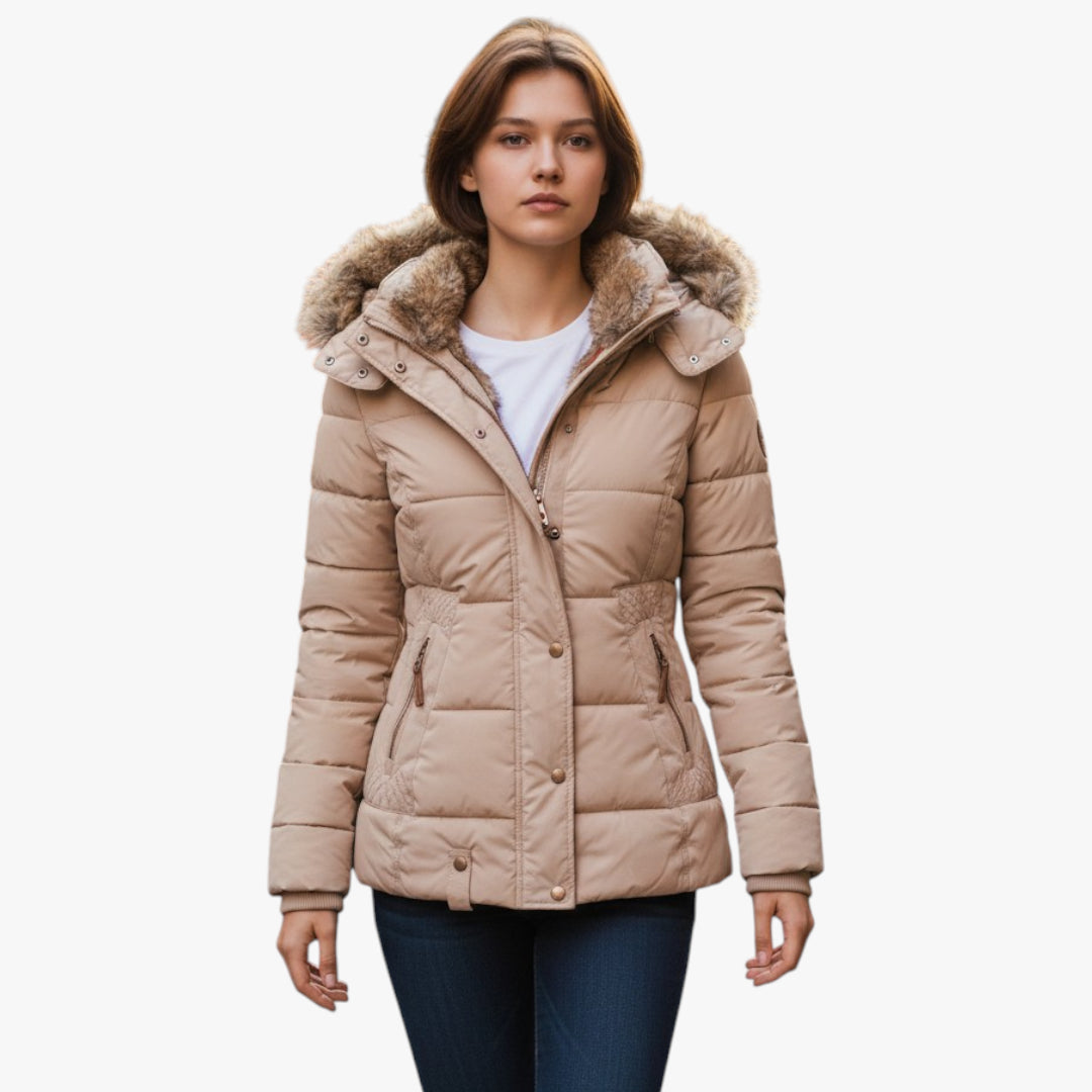 Beige puffer jacket with fur hood worn by a person on a white background