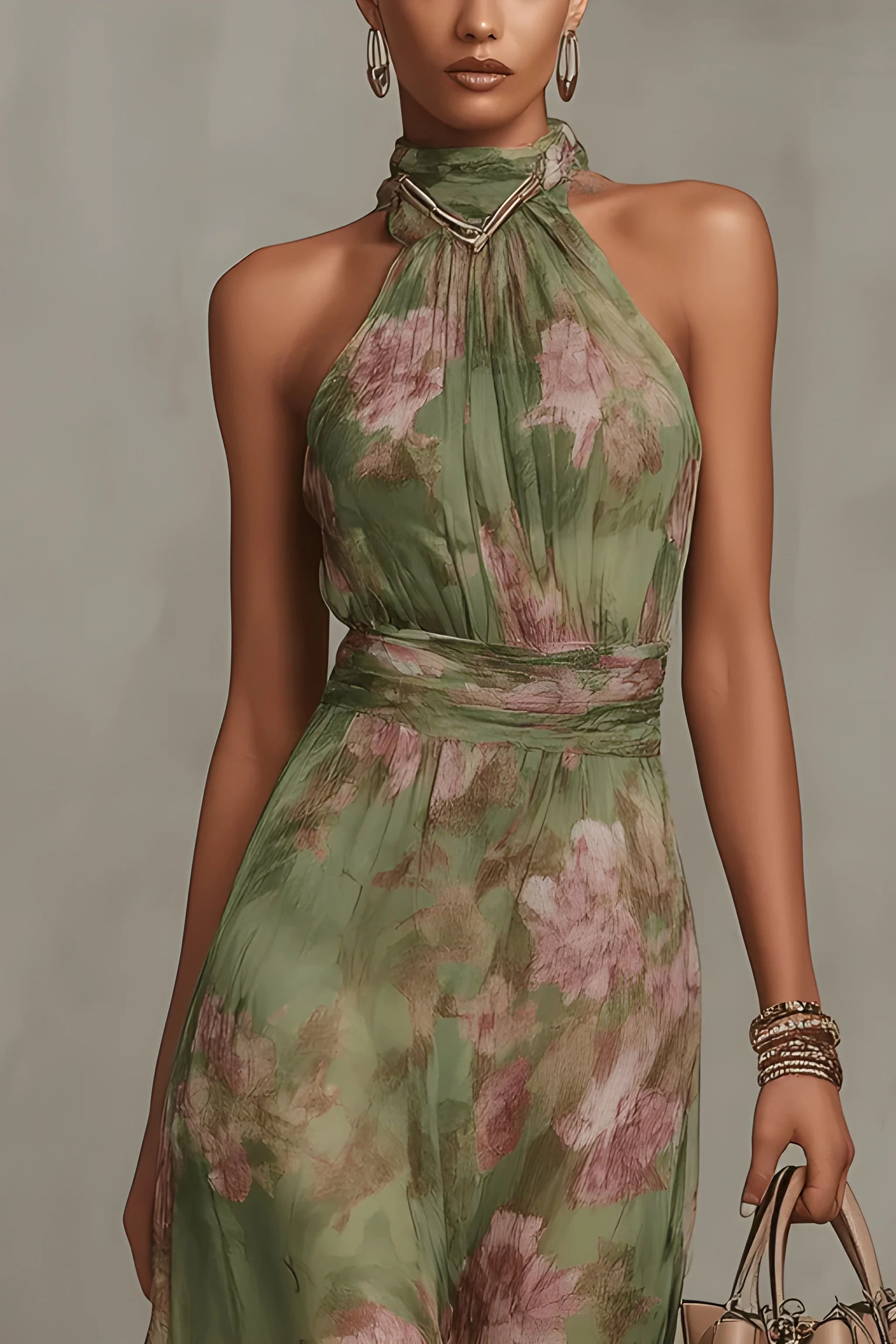 Women's Romantic Floral Maxi Summer Dress with Halter Neck and Draped Fit