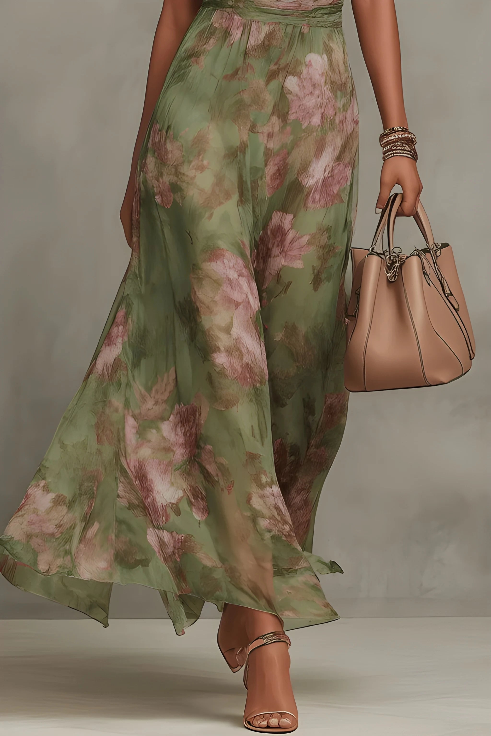 Women's Romantic Floral Maxi Summer Dress with Halter Neck and Draped Fit