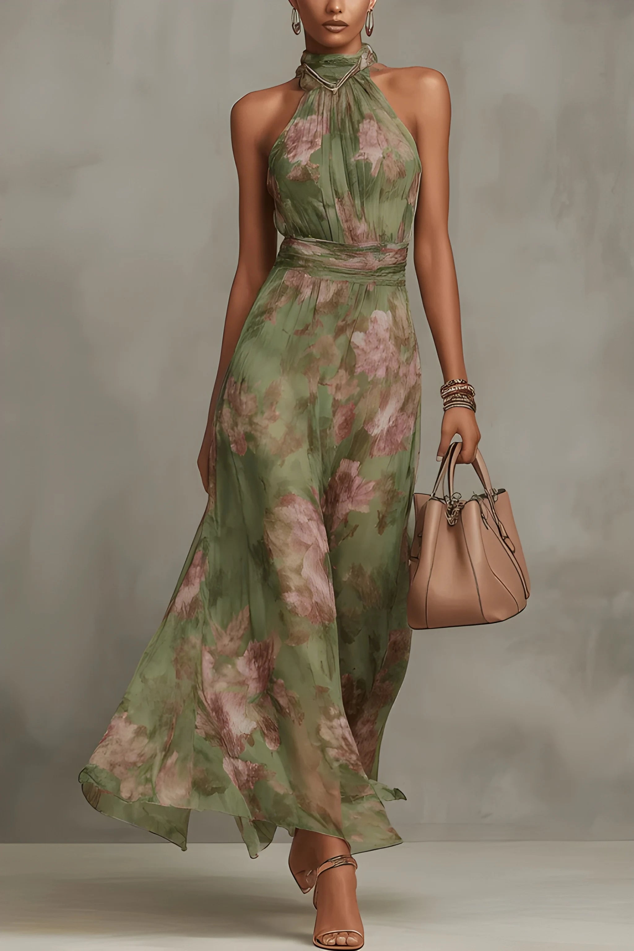 Women's Romantic Floral Maxi Summer Dress with Halter Neck and Draped Fit