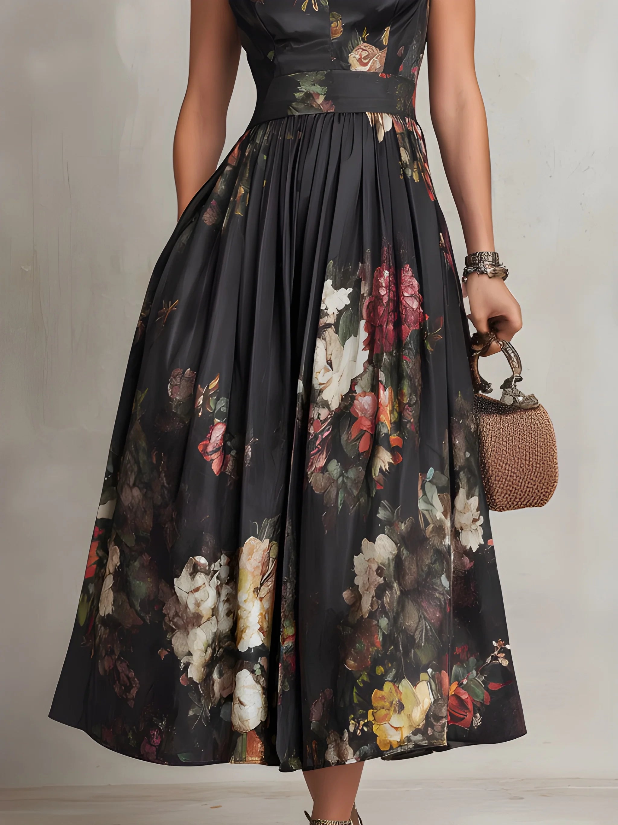 Women's Floral Elegant Midi Summer Dress with High Neck and Pleated Skirt