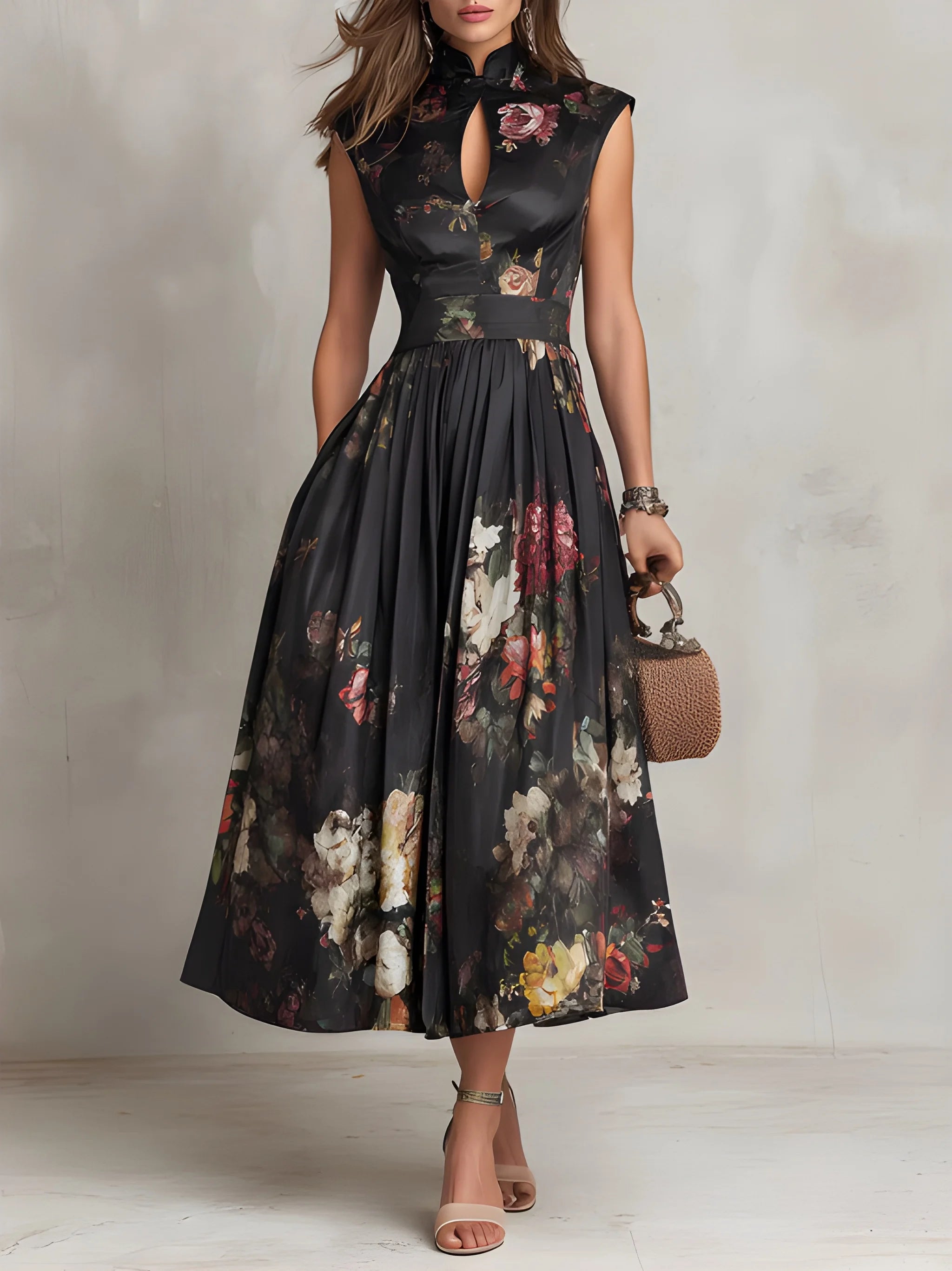 Women's Floral Elegant Midi Summer Dress with High Neck and Pleated Skirt