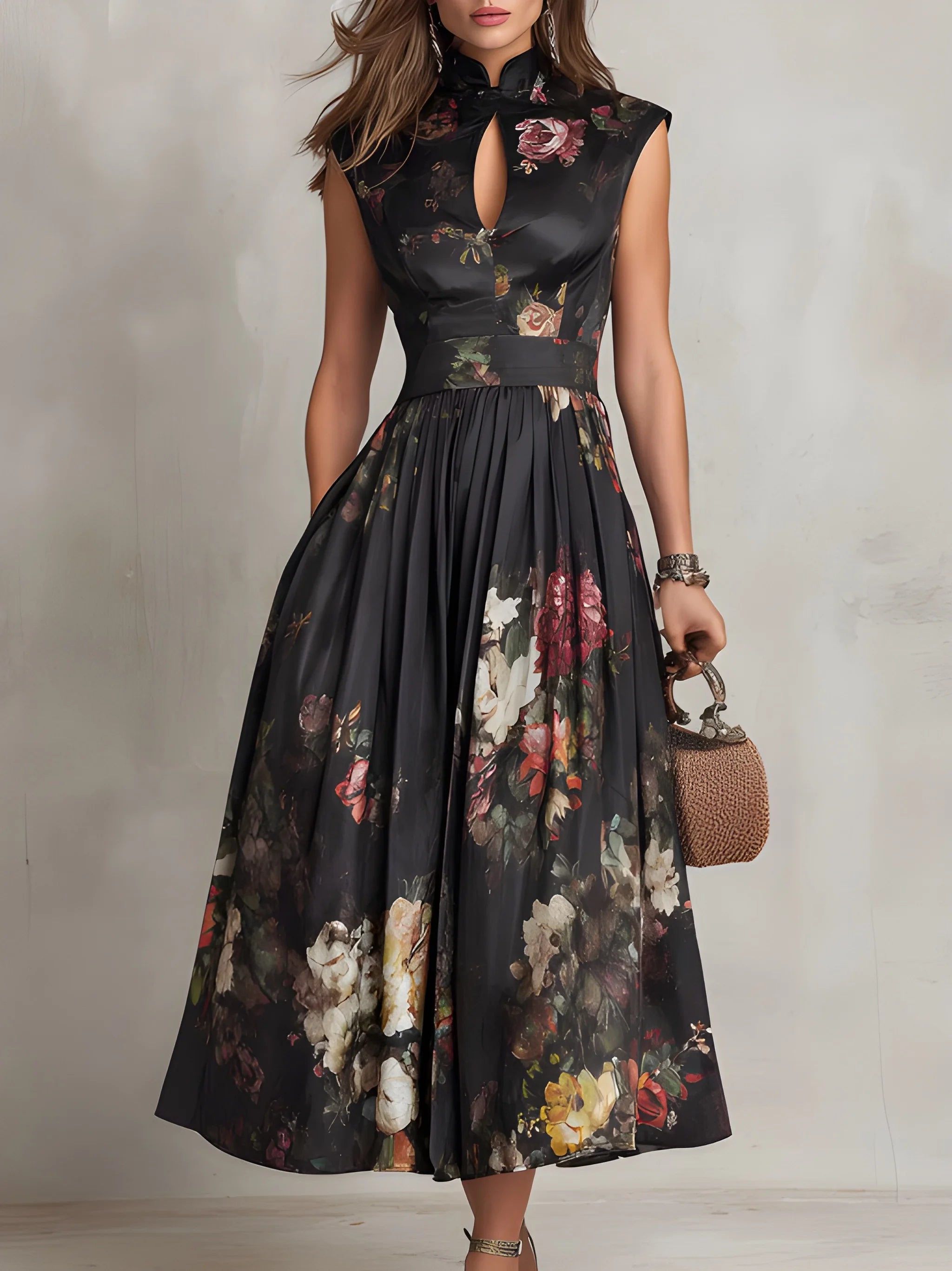 Women's Floral Elegant Midi Summer Dress with High Neck and Pleated Skirt