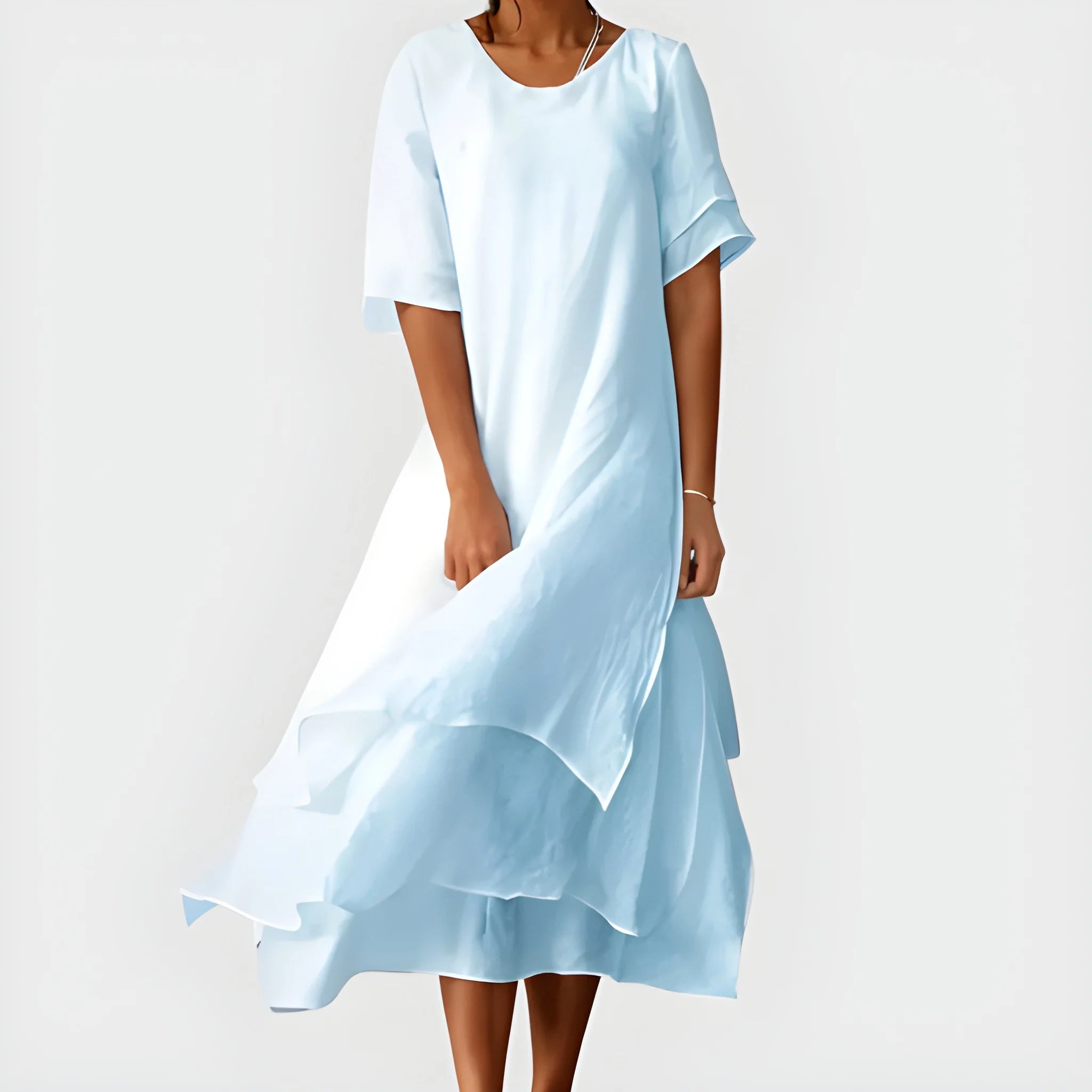 Women's Casual Elegant Midi Summer Dress with Tiered Short Sleeves