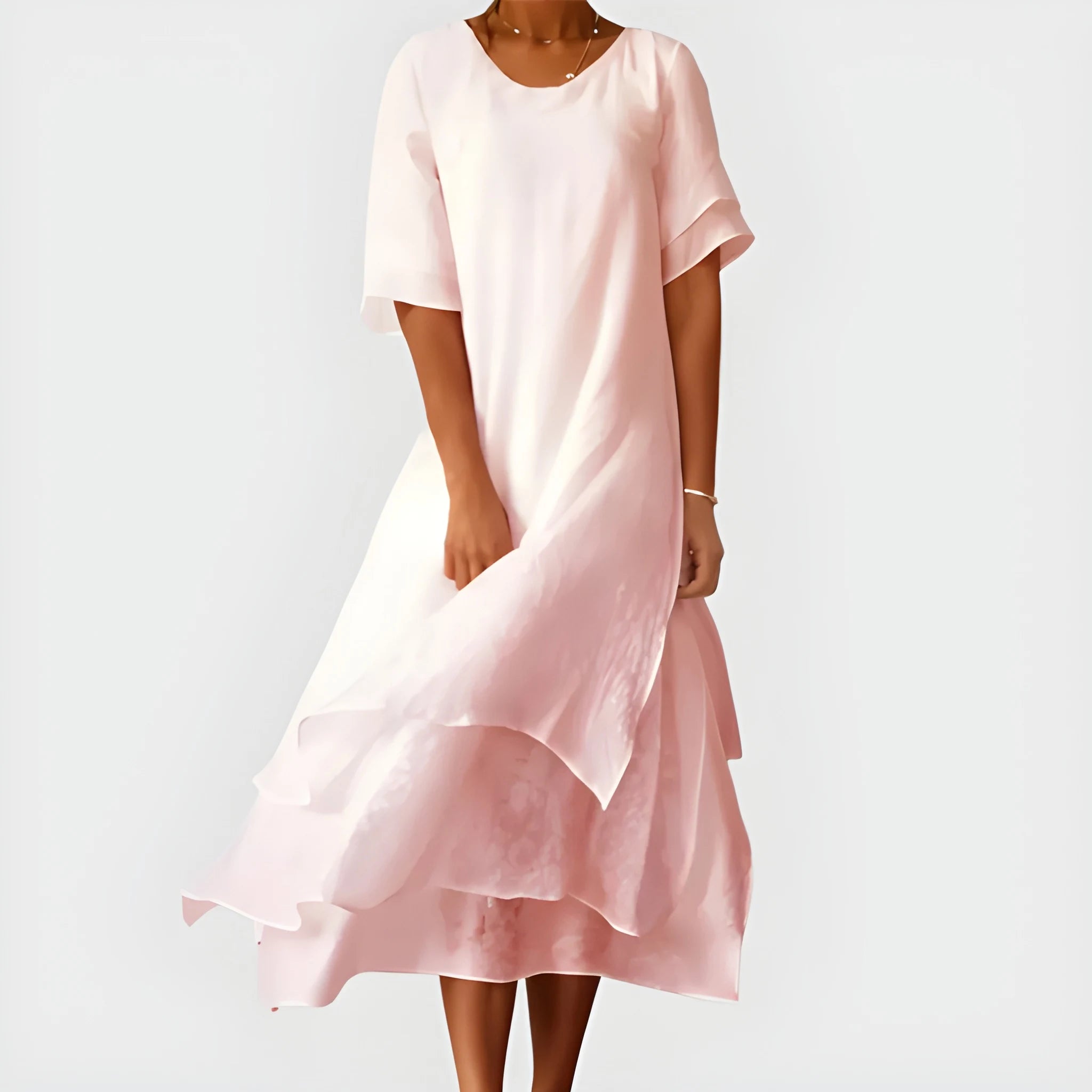 Women's Casual Elegant Midi Summer Dress with Tiered Short Sleeves