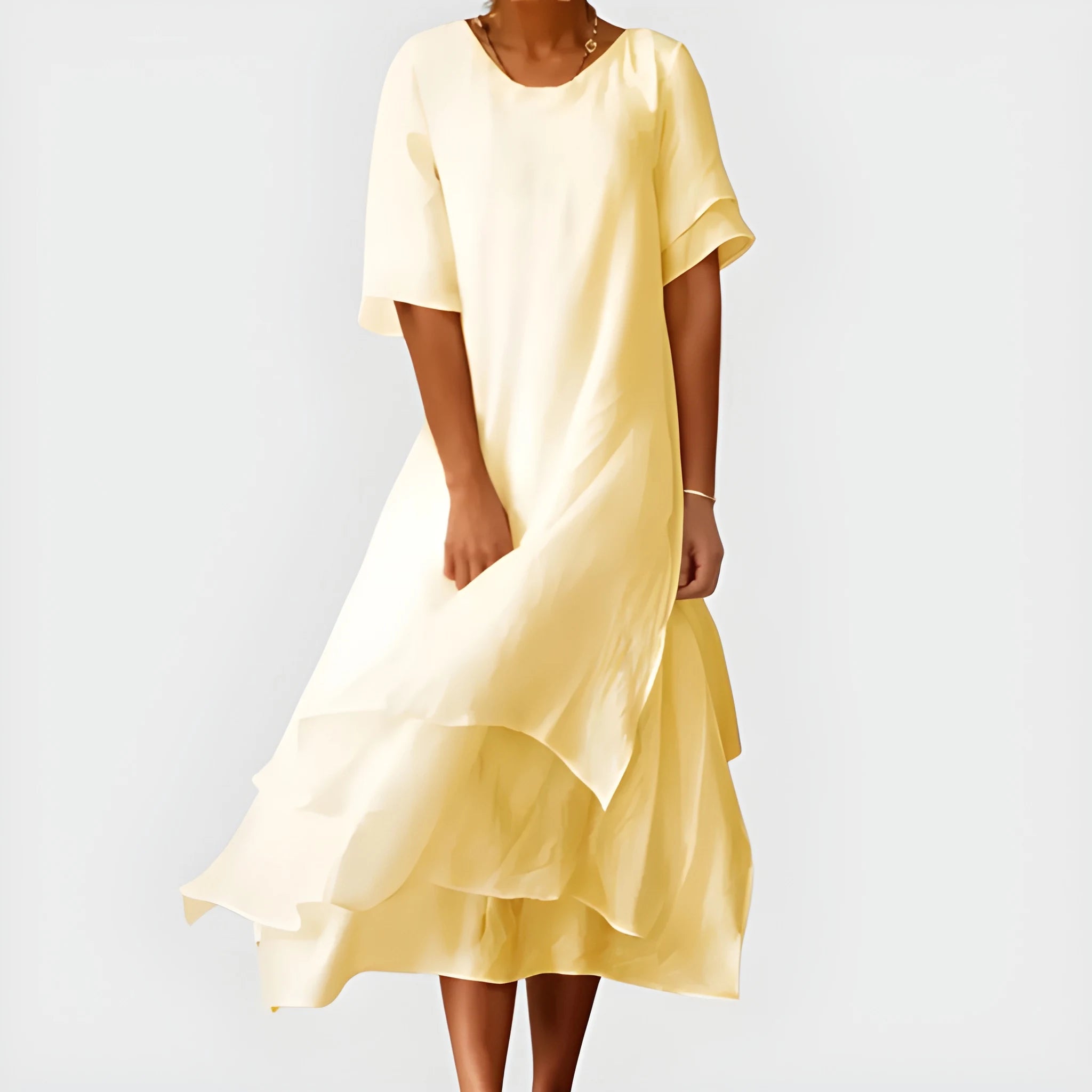 Women's Casual Elegant Midi Summer Dress with Tiered Short Sleeves