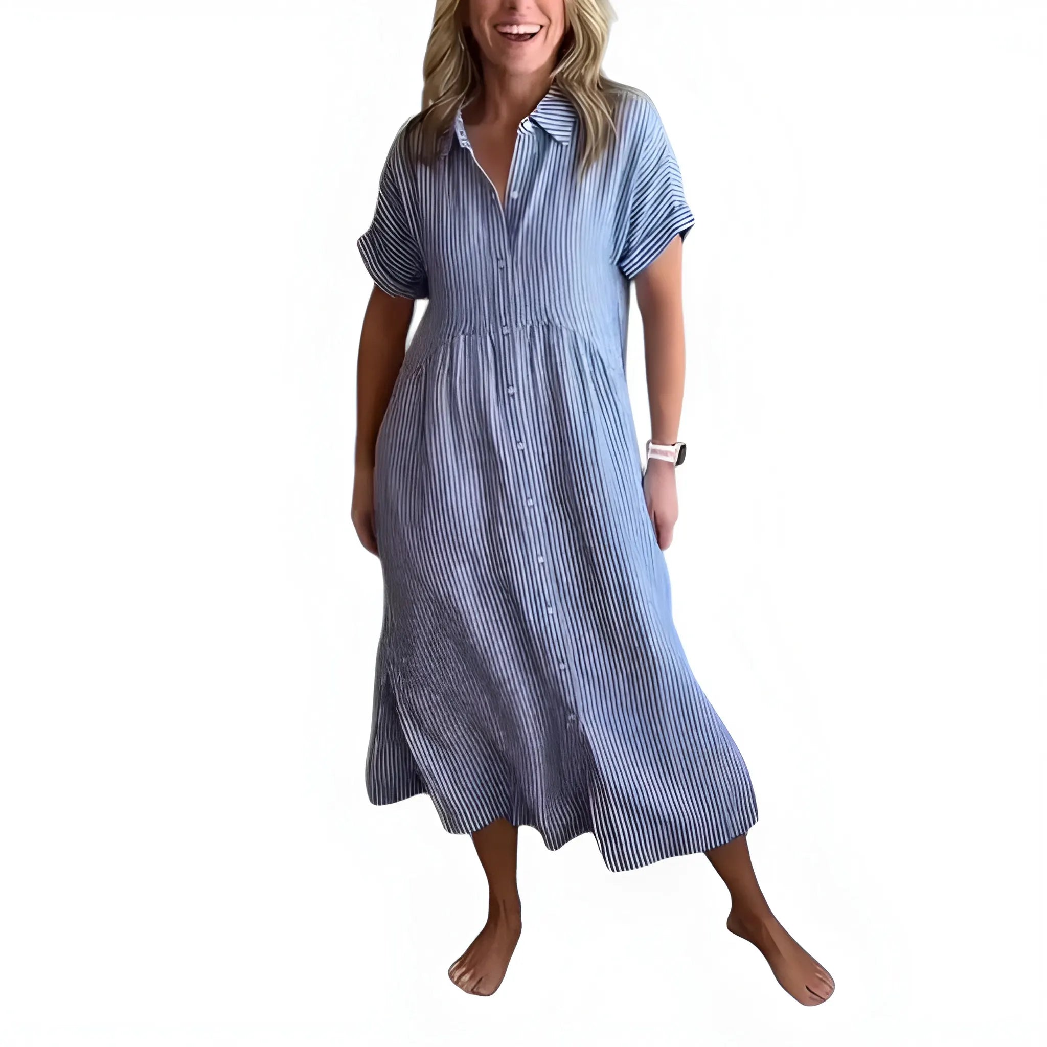 Women's Casual Flowy Midi Summer Dress with Short Sleeve and Button Front