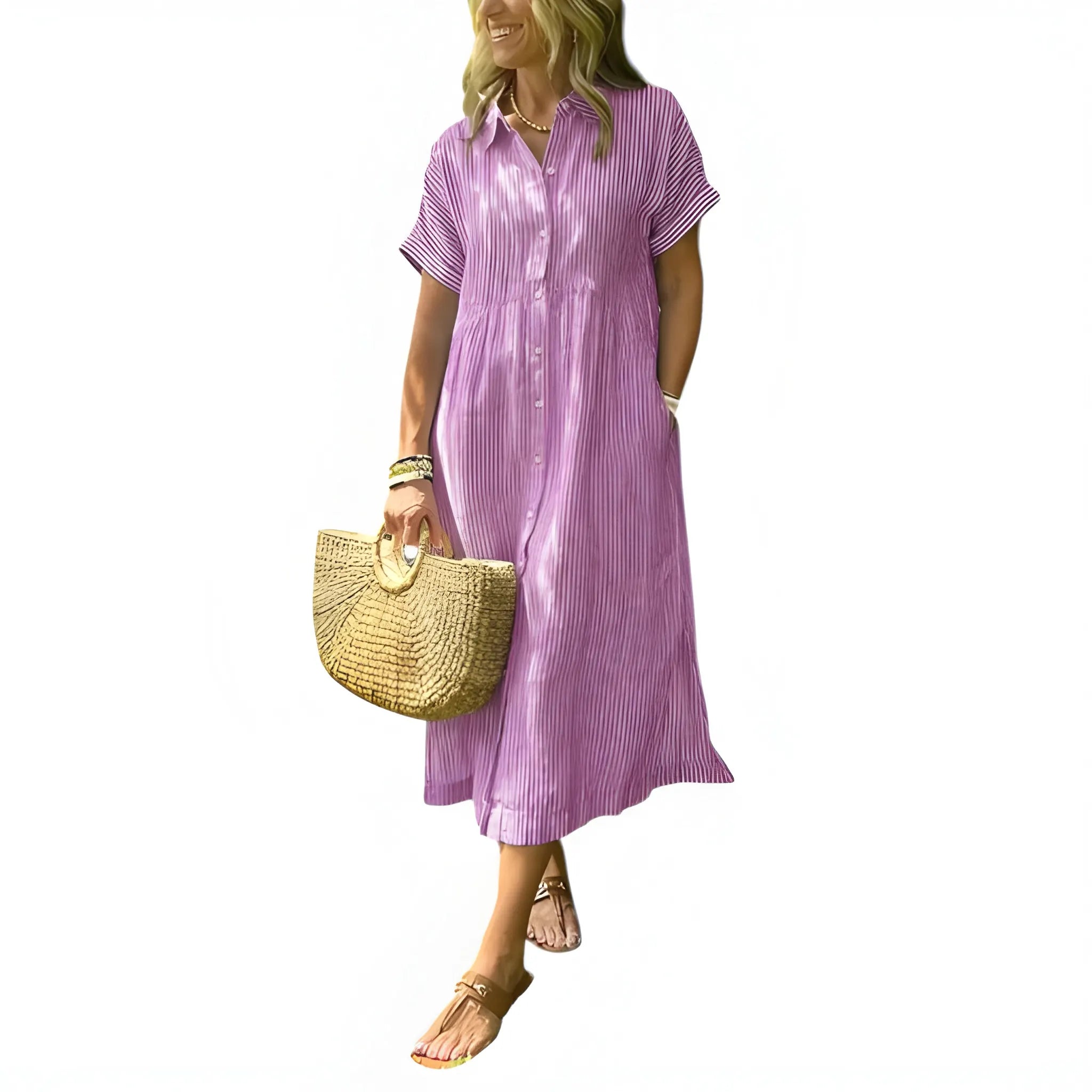 Women's Casual Flowy Midi Summer Dress with Short Sleeve and Button Front
