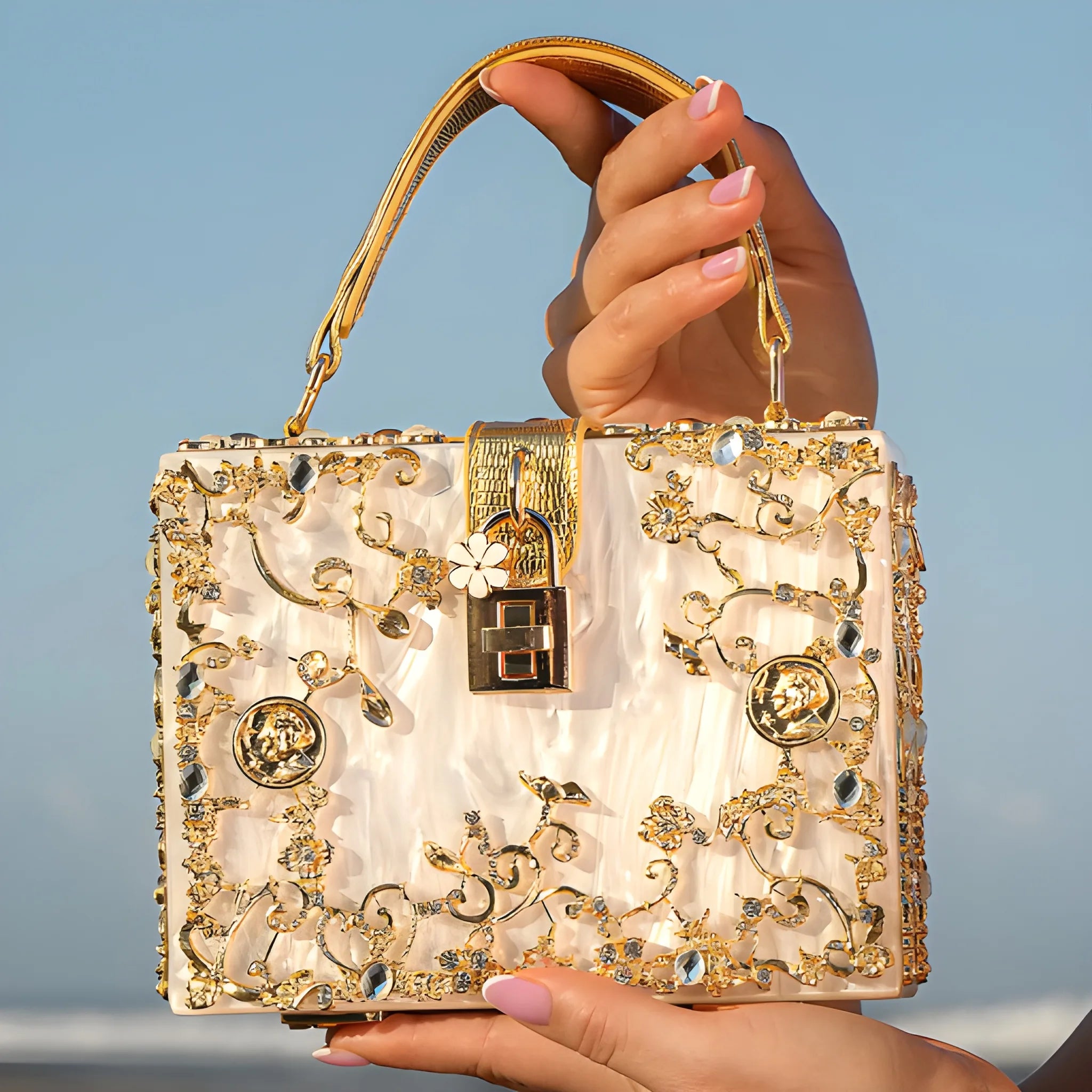 Women's Structured Hand Bag with Floral Embellishments and Top Handle