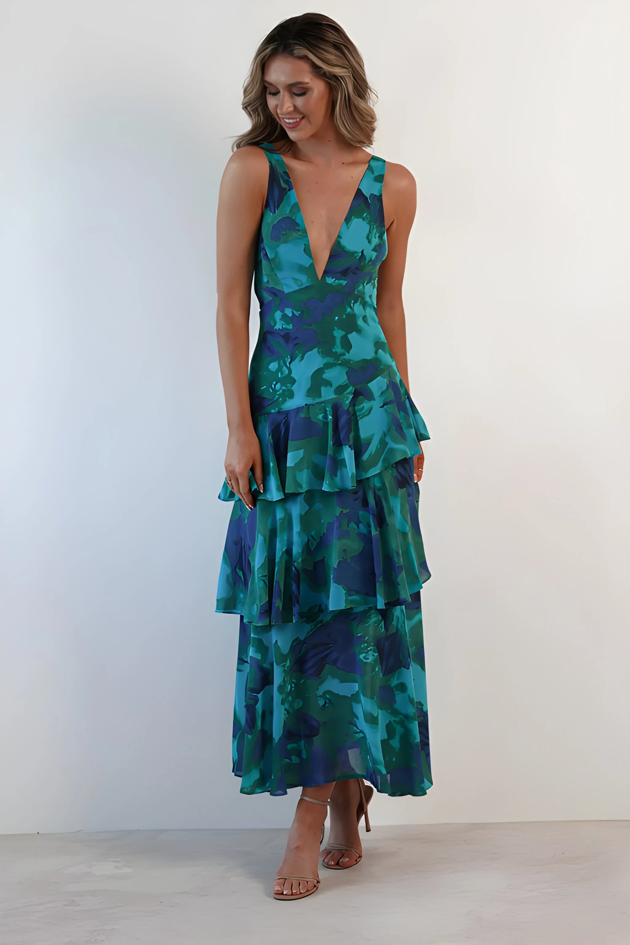 Women's Floral Ruffle Midi Summer Dress with V-Neck