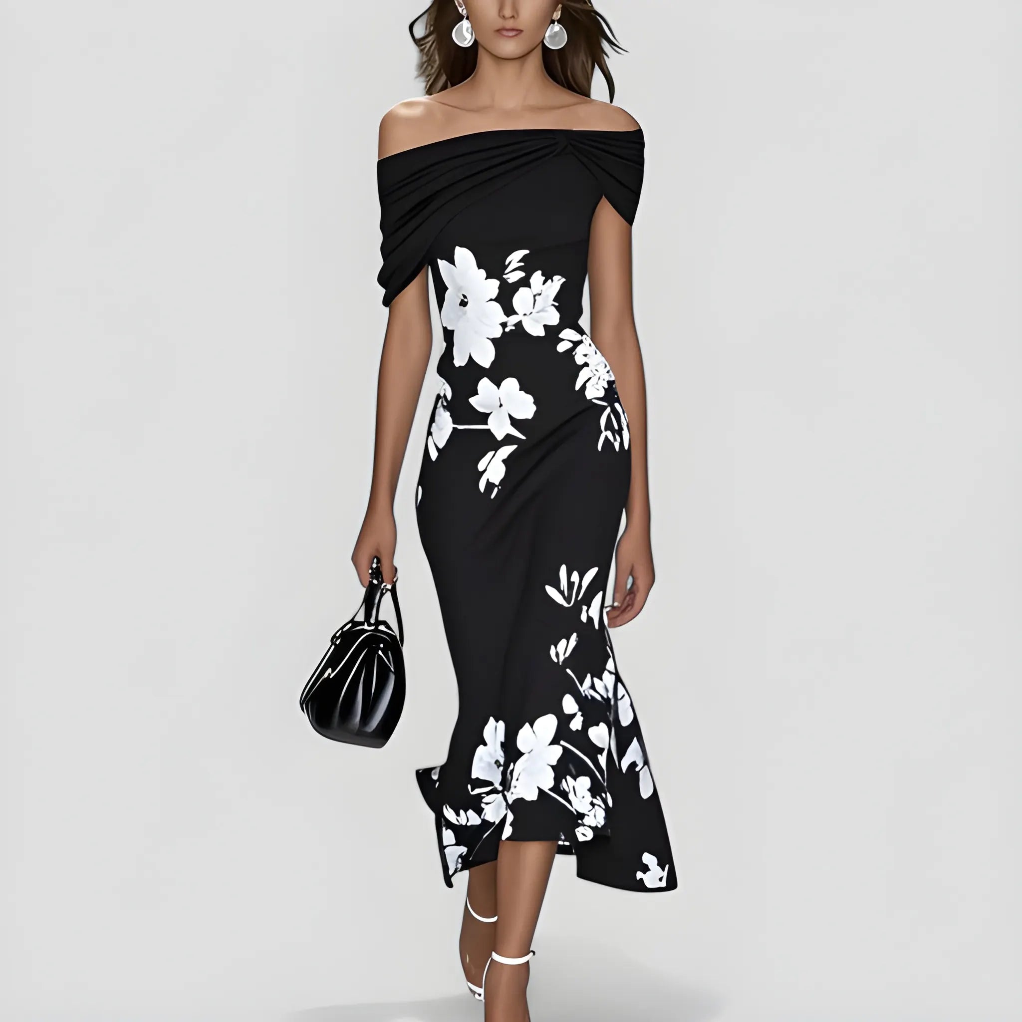 Women's Elegant Floral Midi Cocktail Dress with Off Shoulder and Ruffle