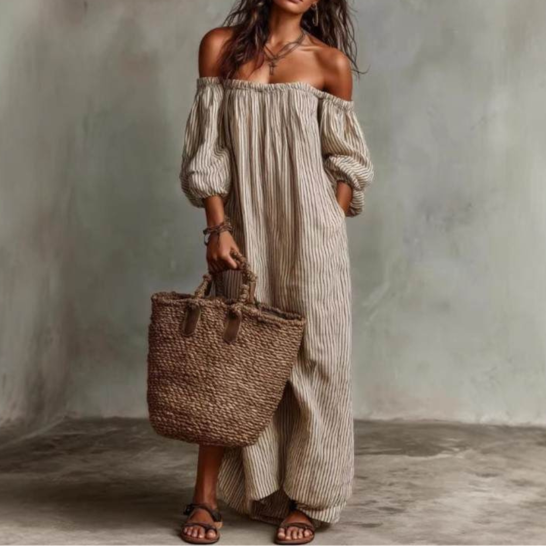 Women's Relaxed Striped Maxi Summer Dress with Off-Shoulder Design