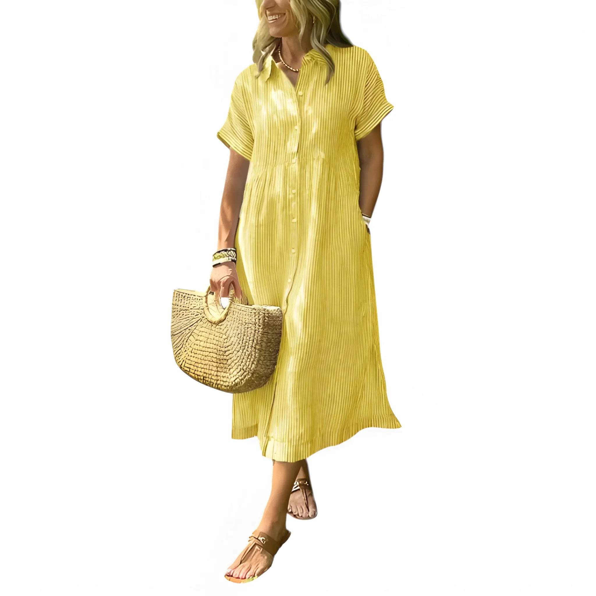 Women's Casual Flowy Midi Summer Dress with Short Sleeve and Button Front