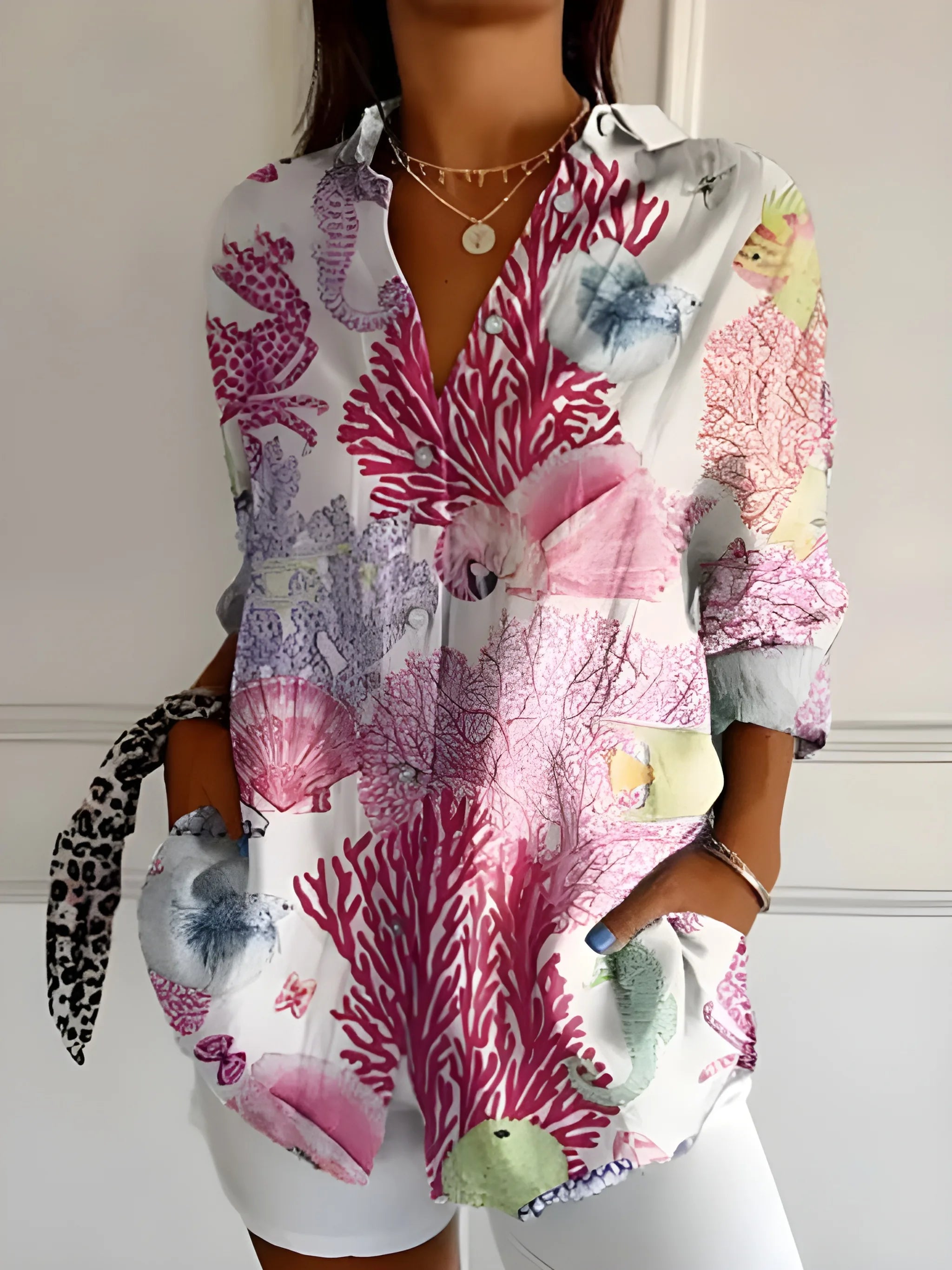 Women's Casual Work Shirt with Button-Up Front and Pockets