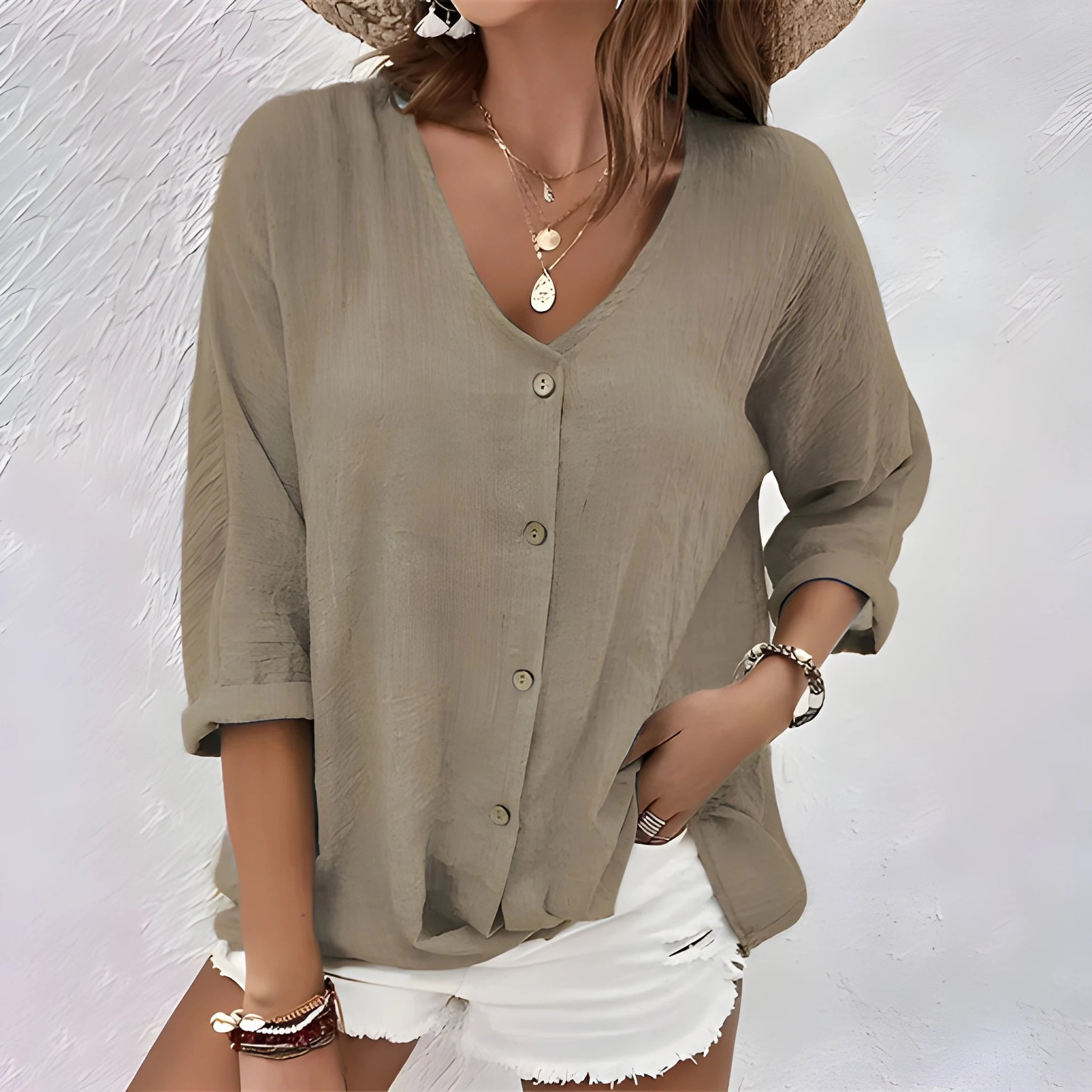 Women's Summer Oversized Shirt with V-Neck and Short Sleeve