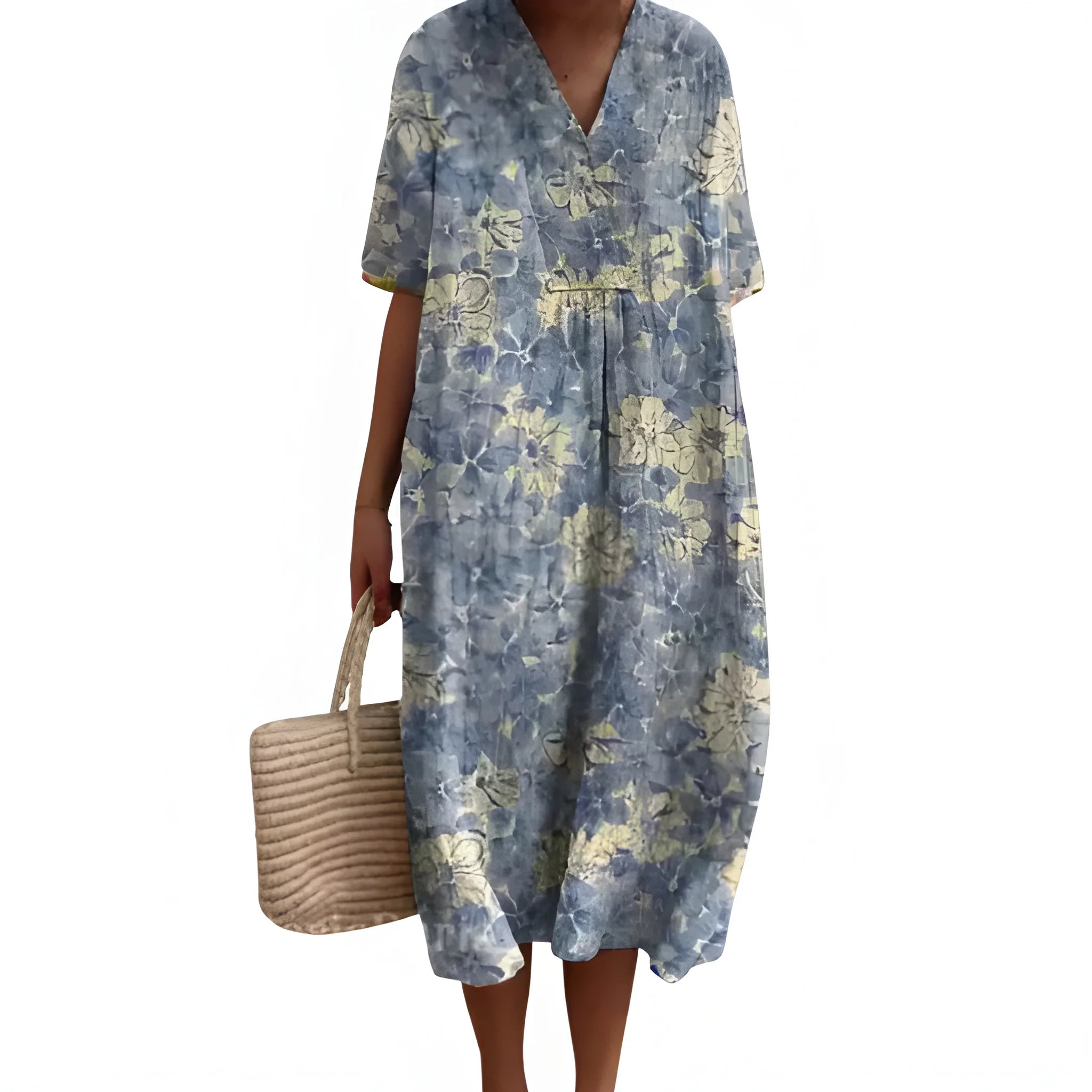 Women's Casual Floral Midi Summer Dress with V Neck