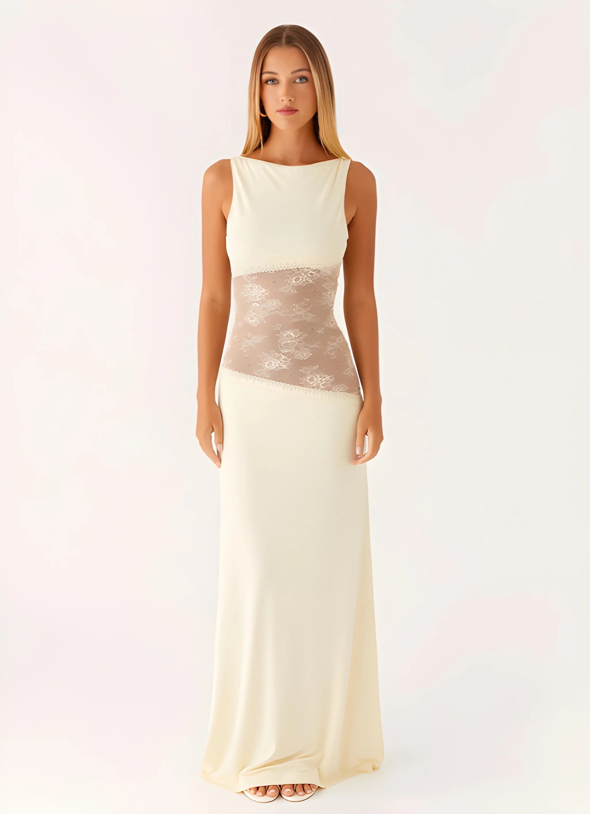 Women's Formal Maxi Wedding Guest Dress with High Neck and Sleeveless Design