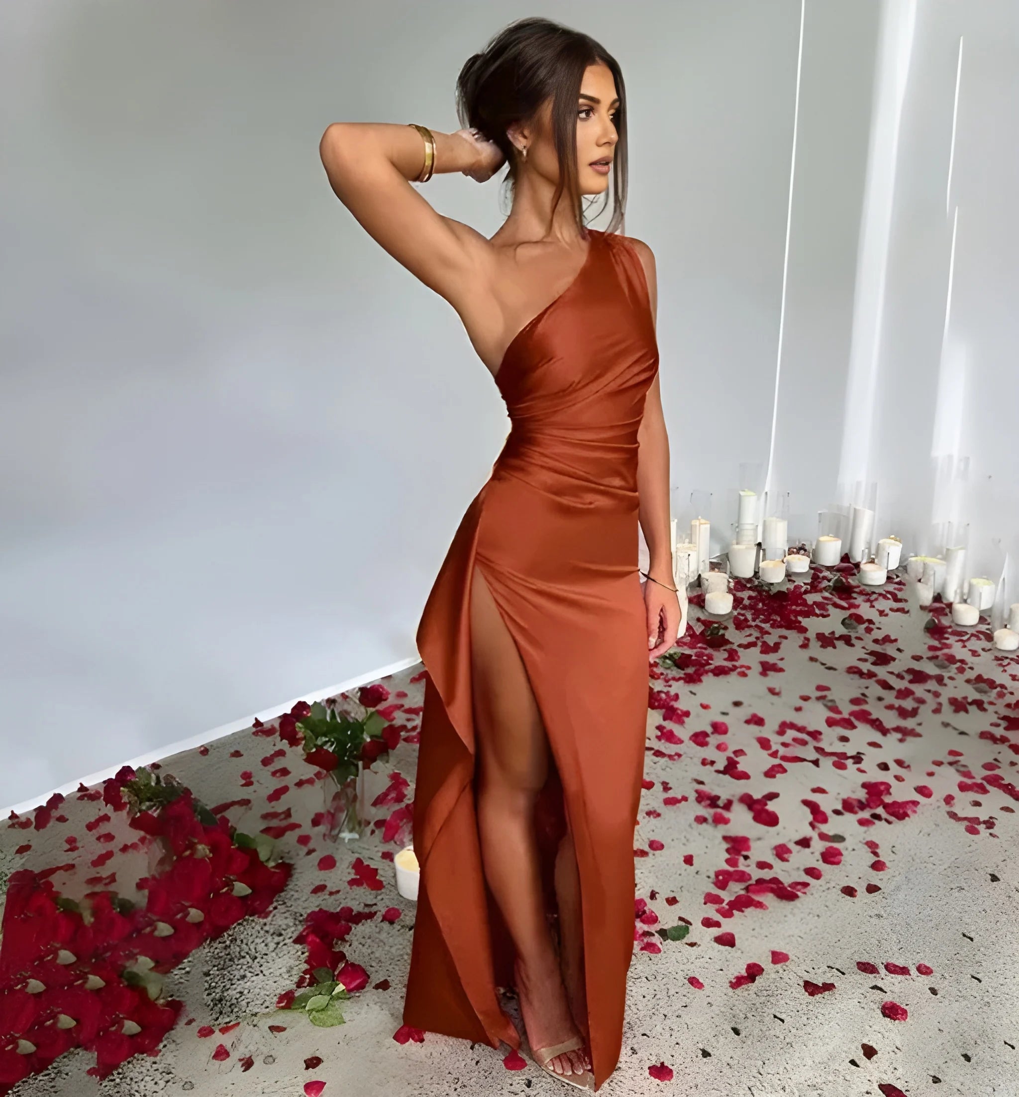 Women's Formal Elegant Maxi Wedding Guest Dress with One Shoulder