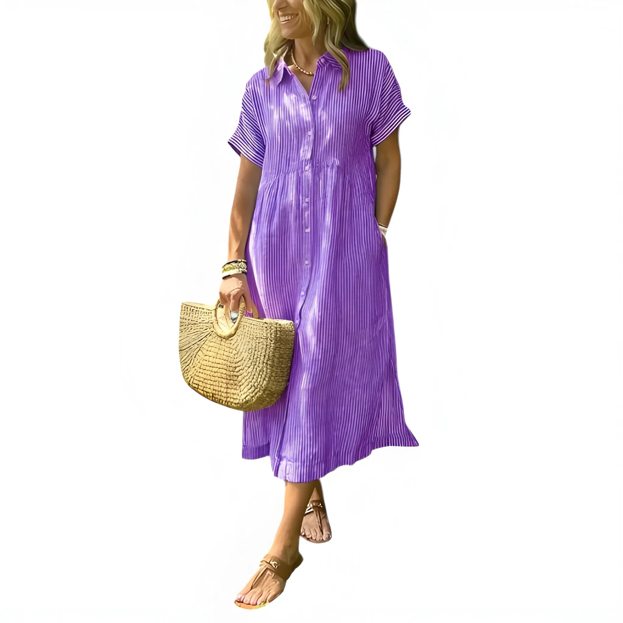 Women's Casual Flowy Midi Summer Dress with Short Sleeve and Button Front