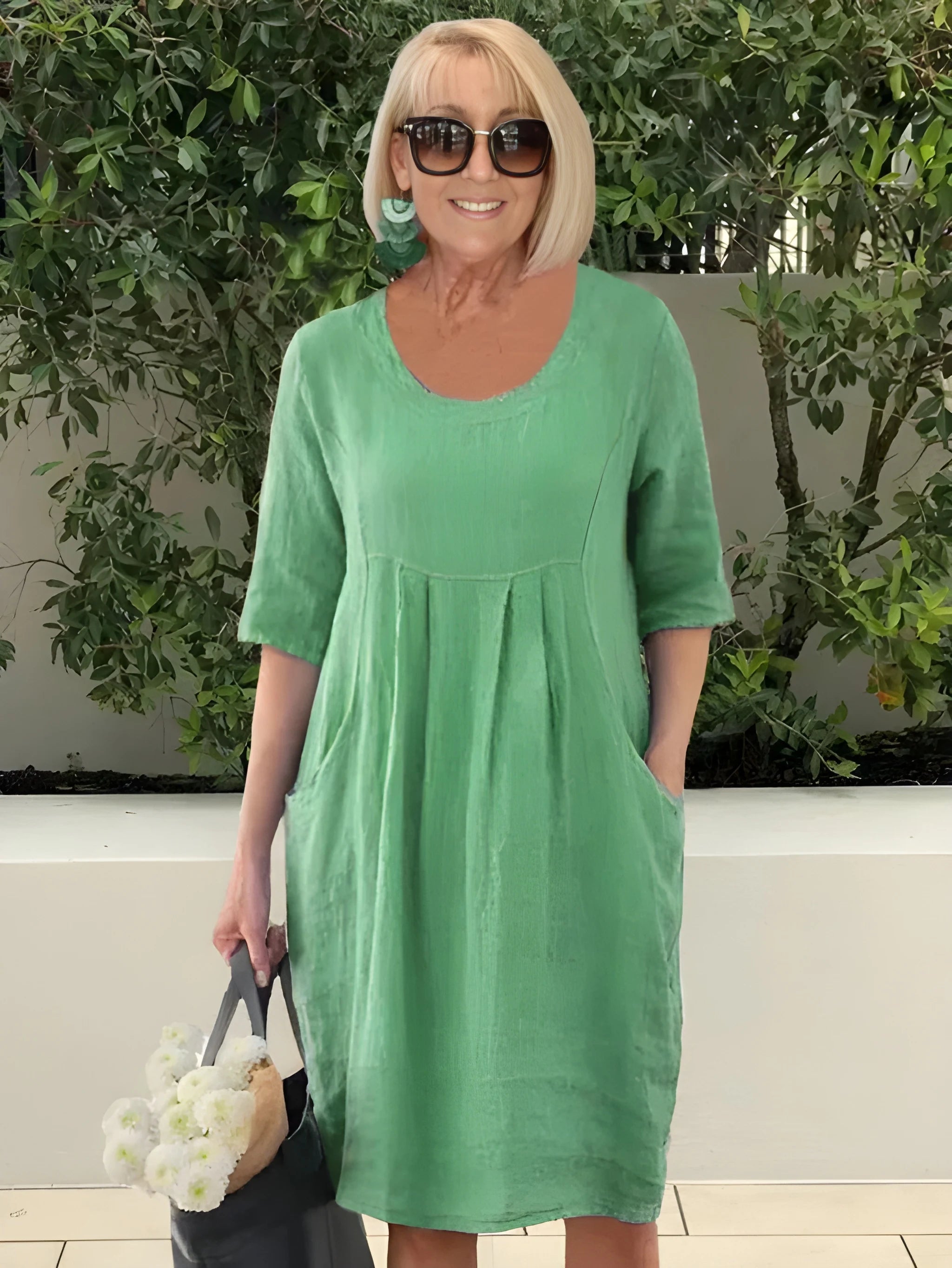 Women's Casual Flowy Midi Summer Dress with Pleated Front