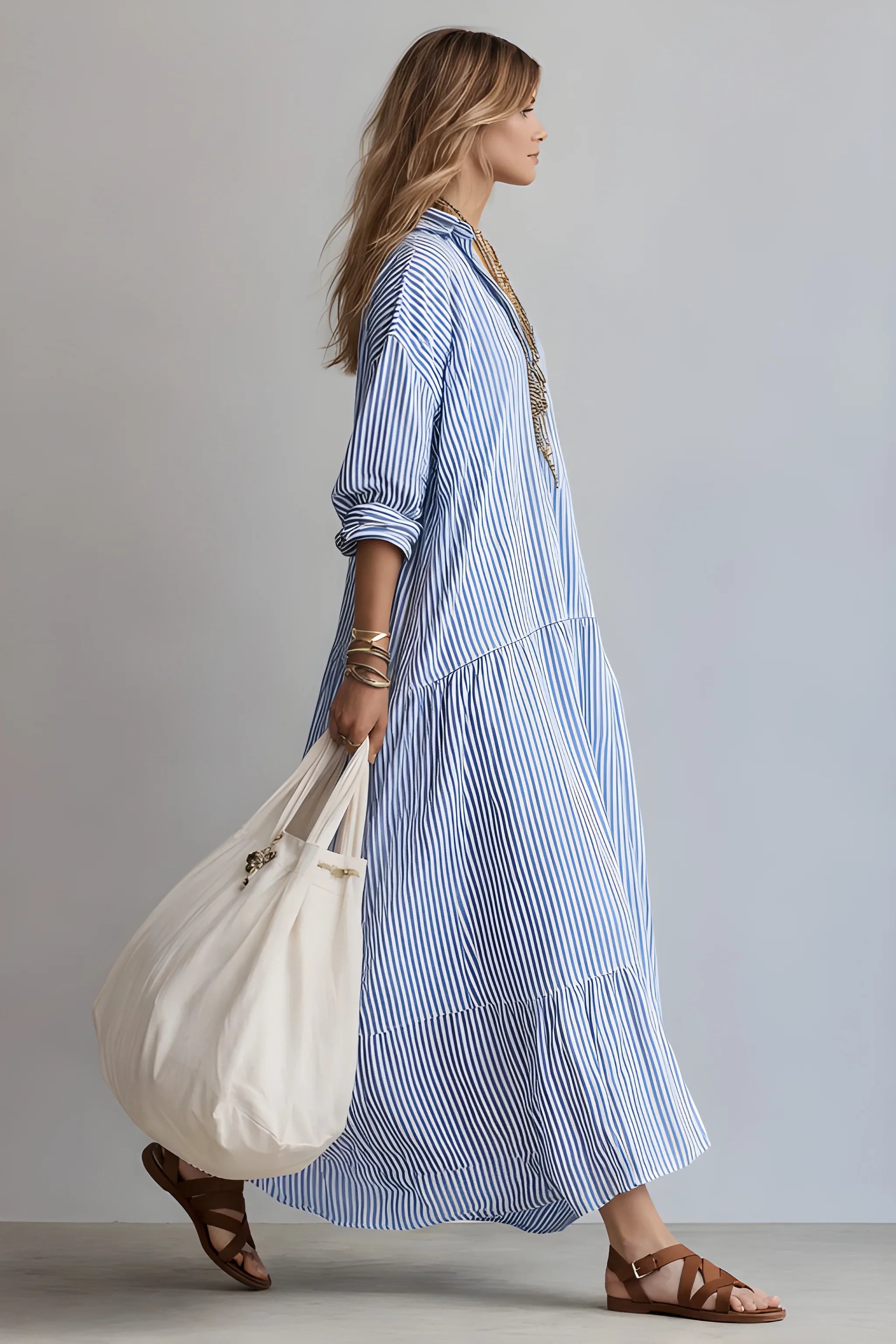 Women's Casual Plaid Maxi Summer Dress with High Neck