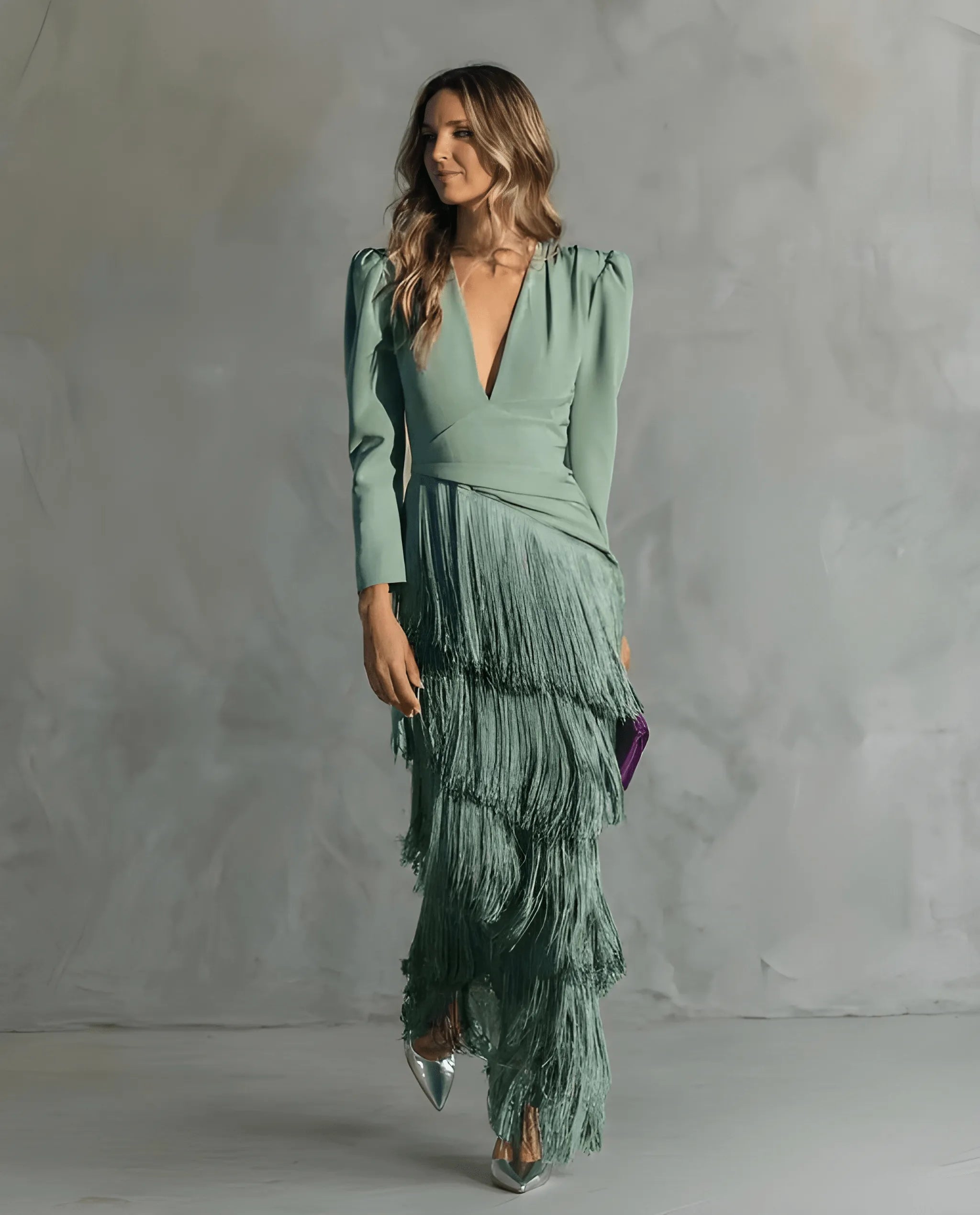 Women's Elegant Formal Maxi Wedding Guest Dress with Long Sleeve and V-Neck