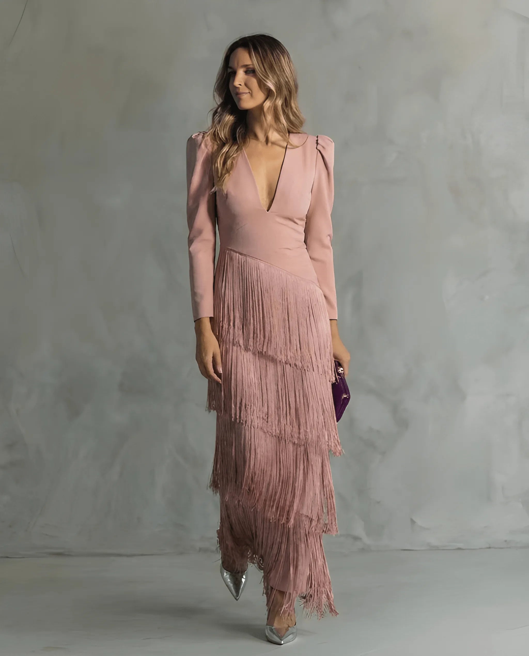 Women's Elegant Formal Maxi Wedding Guest Dress with Long Sleeve and V-Neck