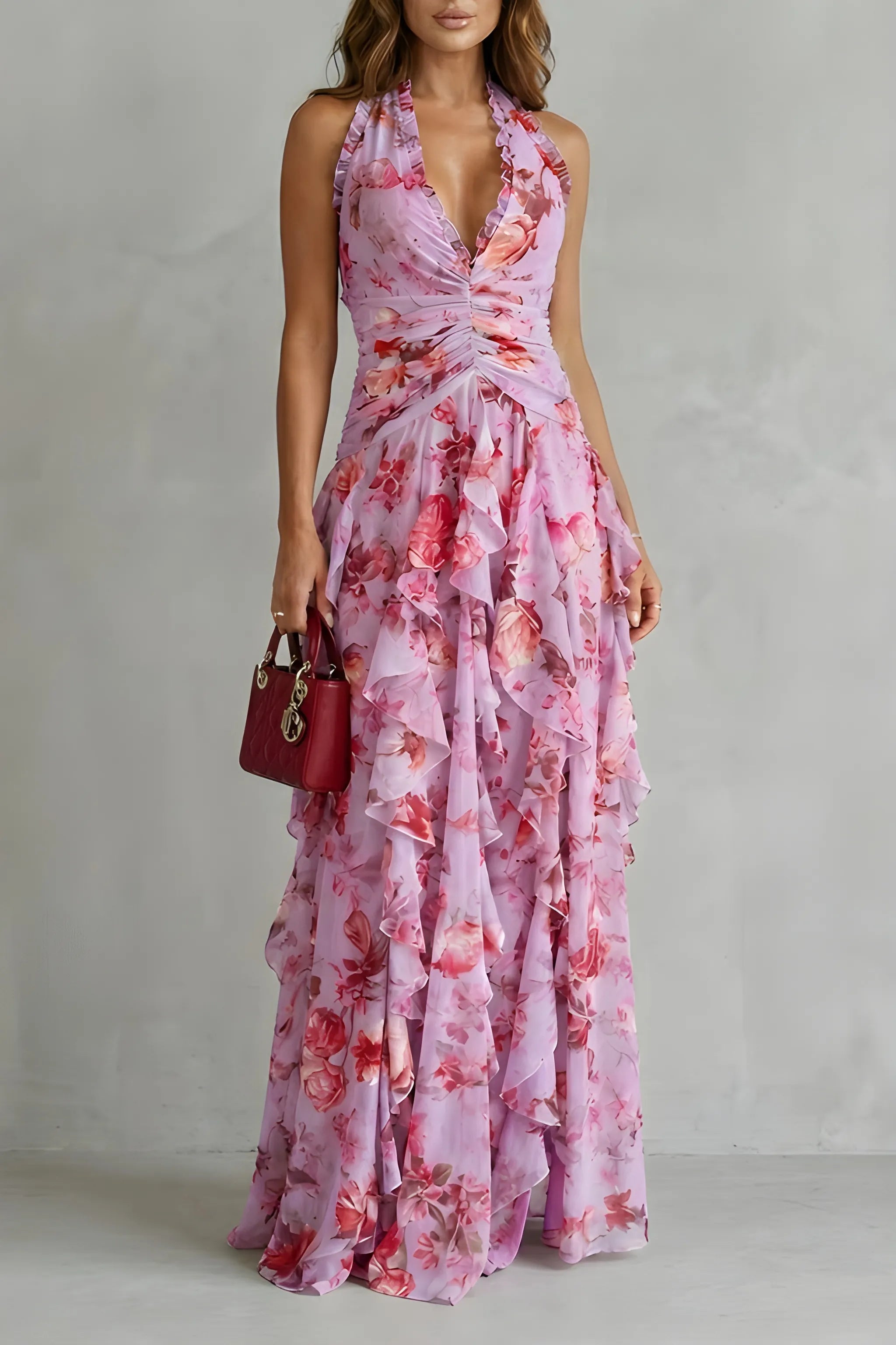 Women's Casual Floral Maxi Wedding Guest Dress with Halter Neck