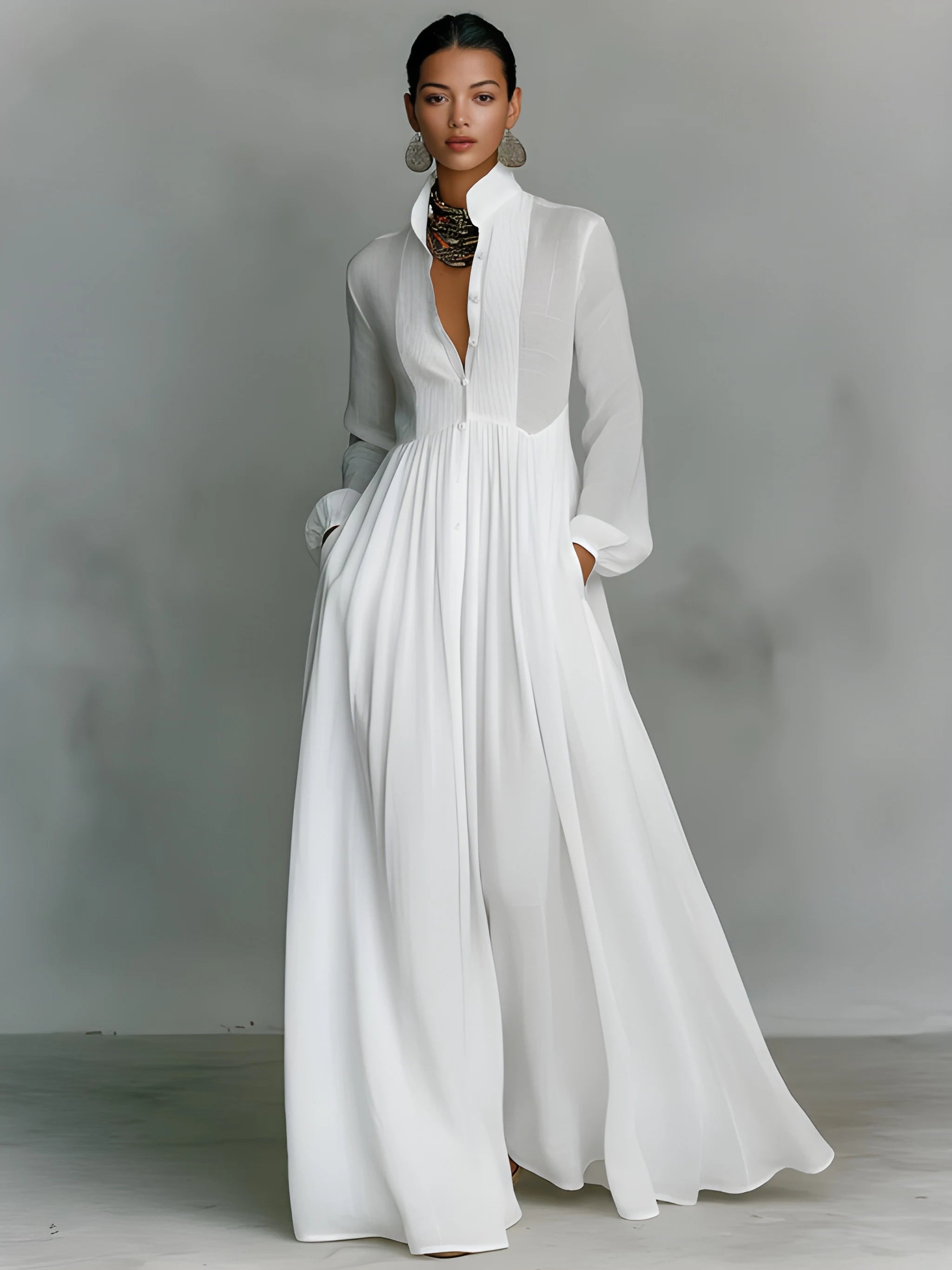 Women's Elegant Flowy Maxi Summer Dress with Stand Collar