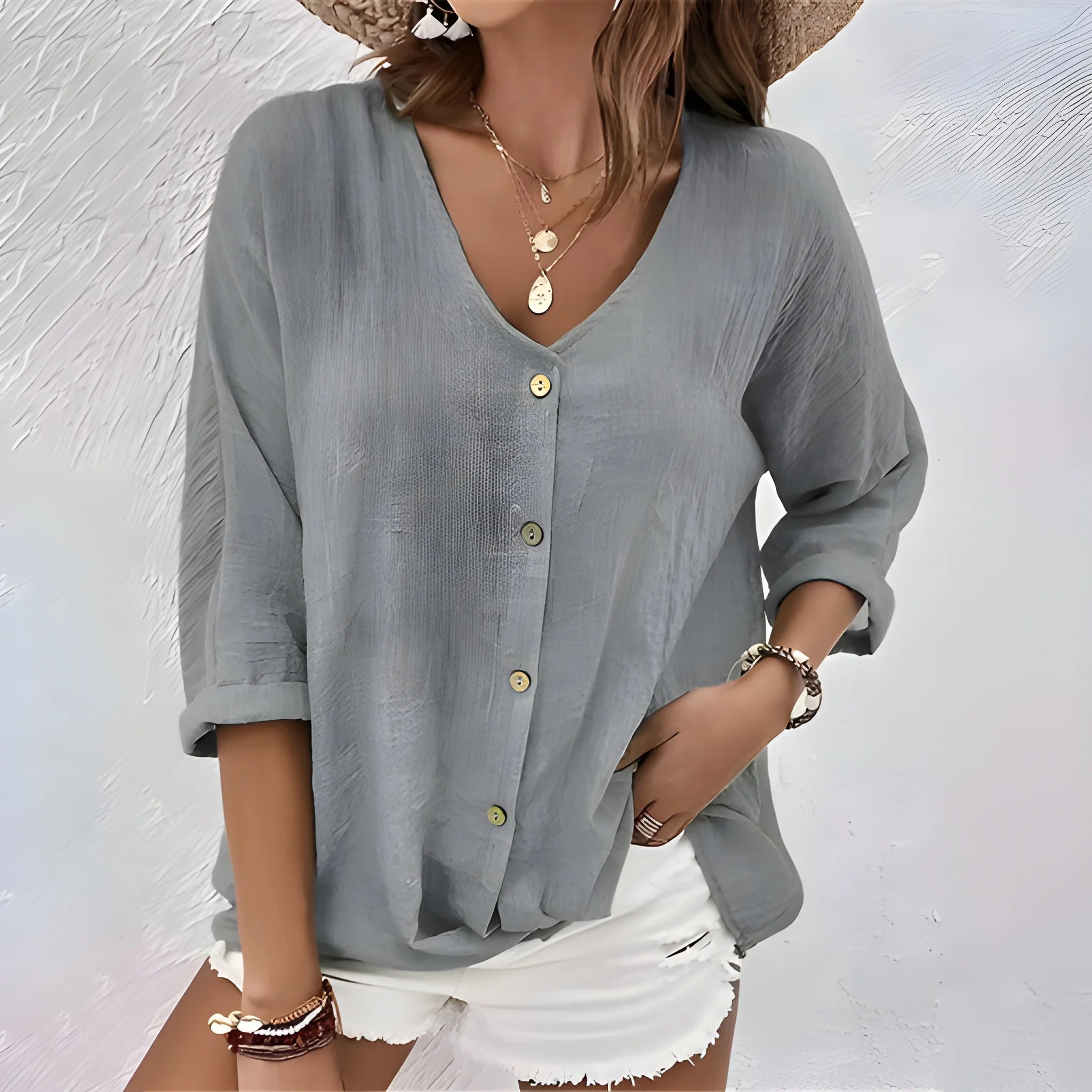 Women's Summer Oversized Shirt with V-Neck and Short Sleeve