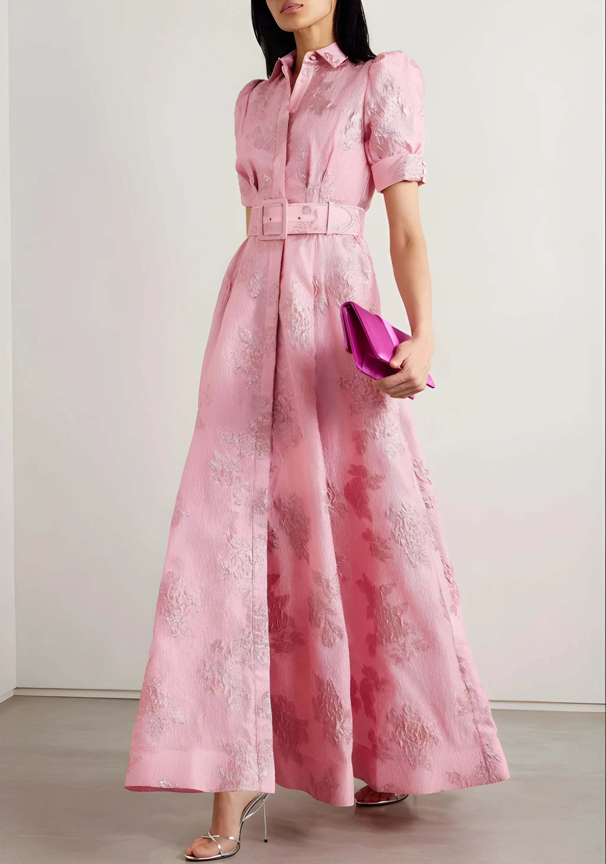 Women's Formal Floral Maxi Wedding Guest Dress with Puff Sleeve
