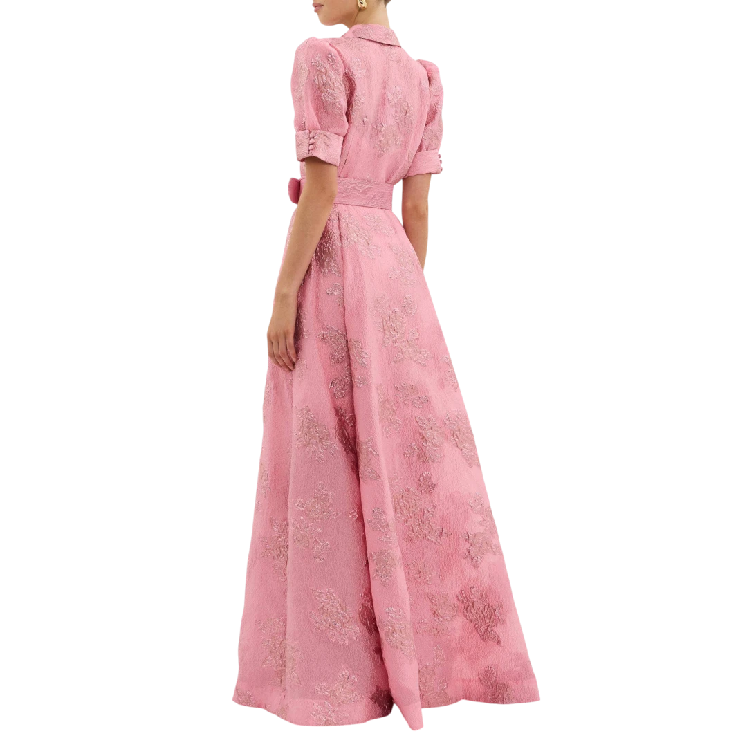 Women's Floral Maxi Wedding Guest Dress with Short Puff Sleeve and Belt