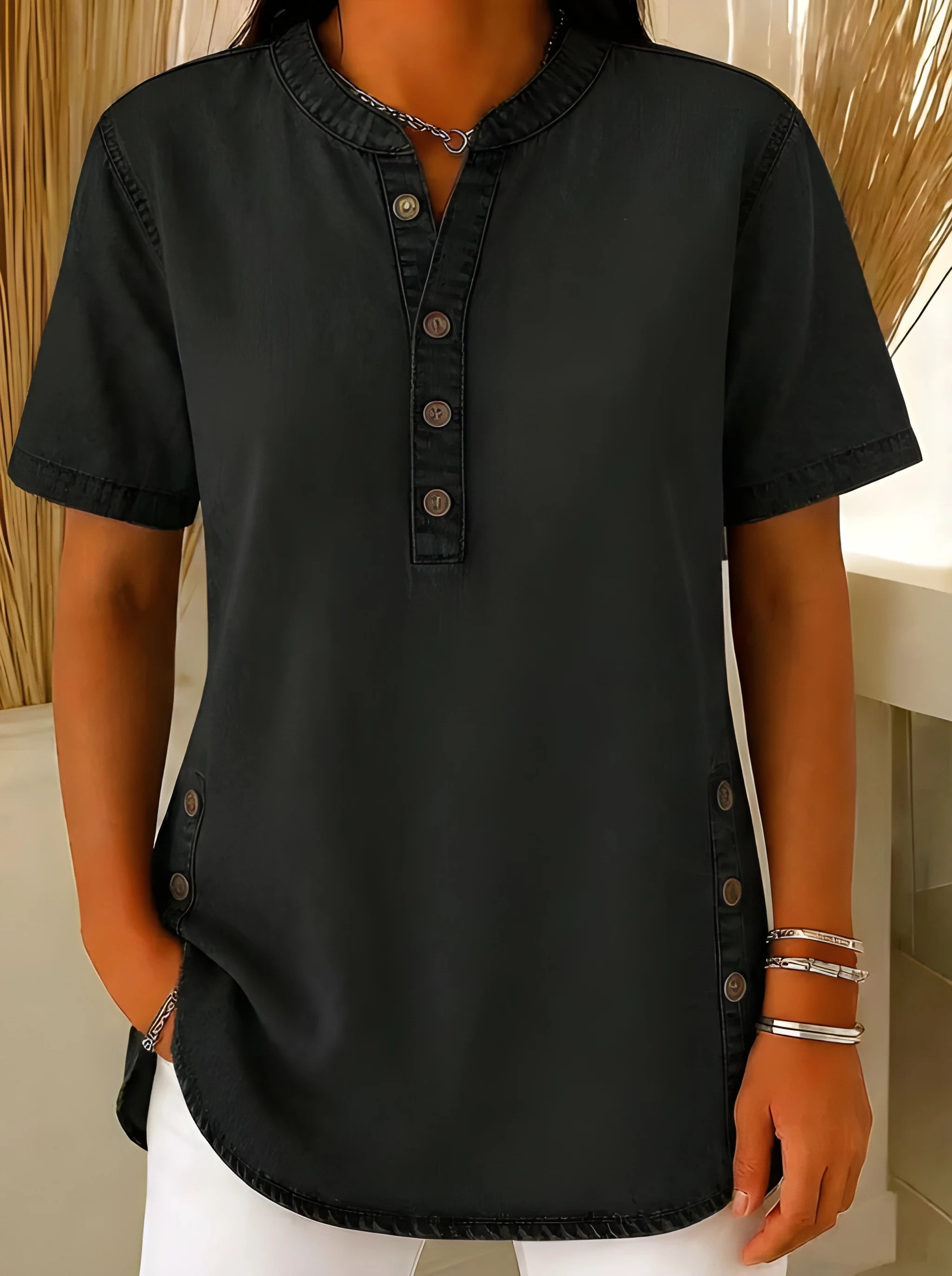 Women's Oversized Blouse with V-Neck and Short Sleeve