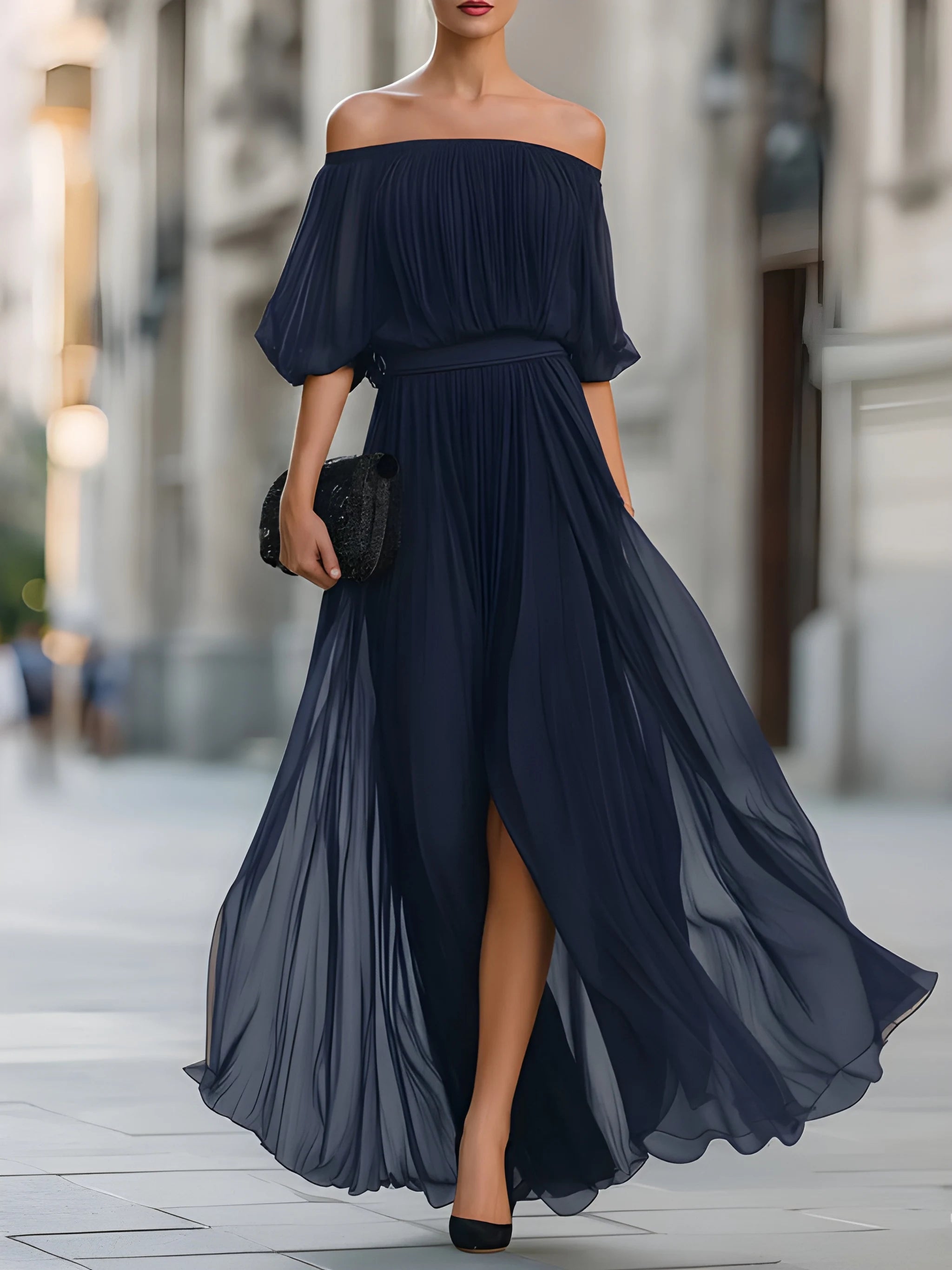 Women's Formal Summer Maxi Wedding Guest Dress with Off Shoulder Neckline