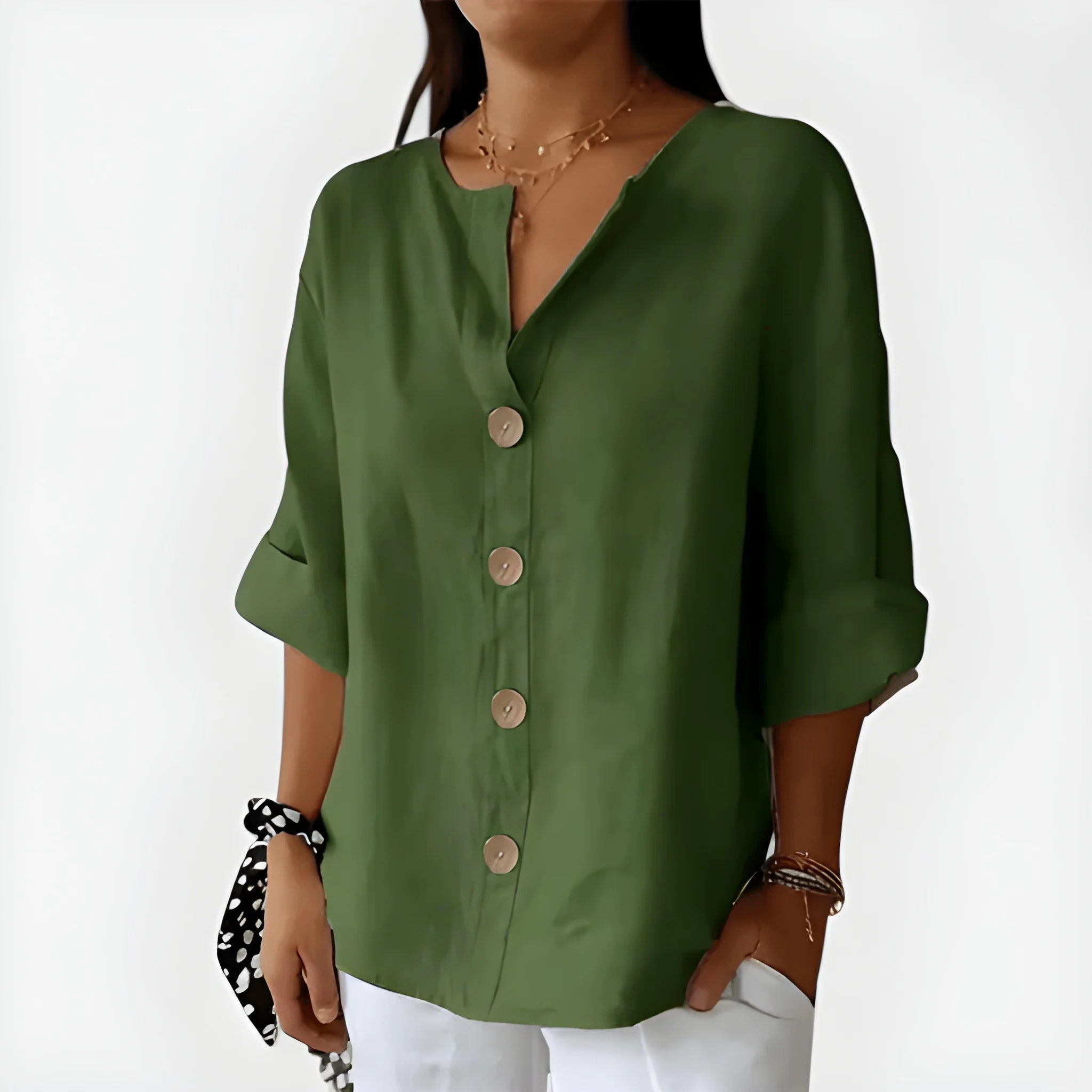 Women's Summer Loose Shirt with V-Neck and Short Sleeve