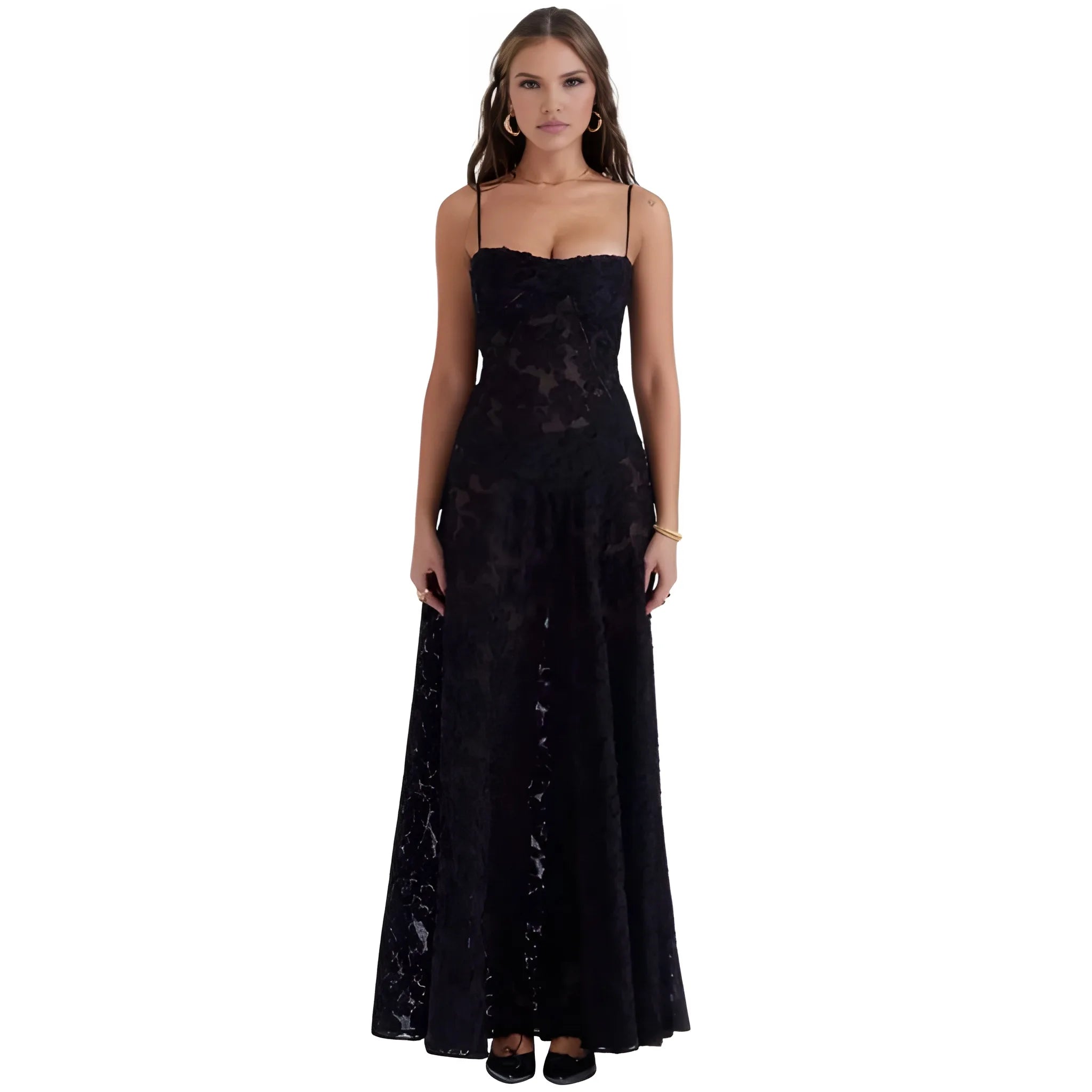 Women's Ethereal Structured Maxi Wedding Guest Dress with Corset Back and Spaghetti Straps