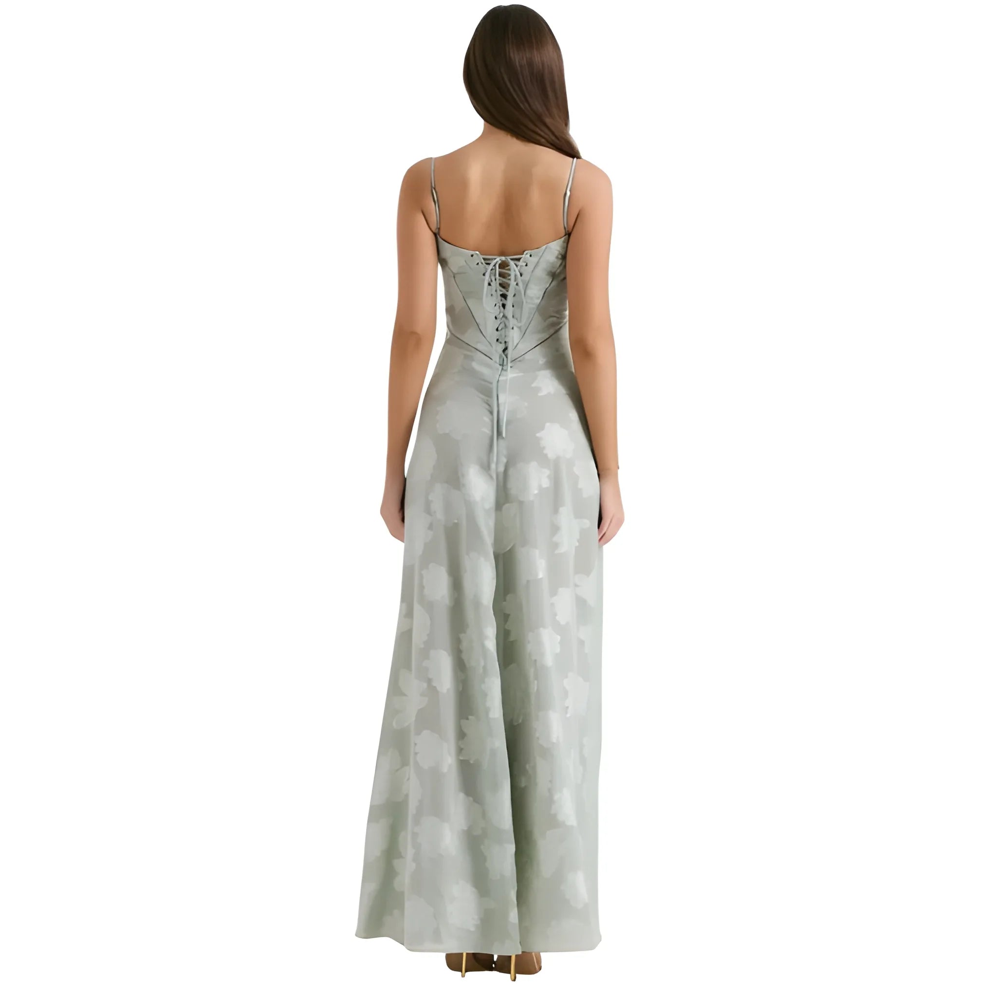 Women's Ethereal Structured Maxi Wedding Guest Dress with Corset Back and Spaghetti Straps