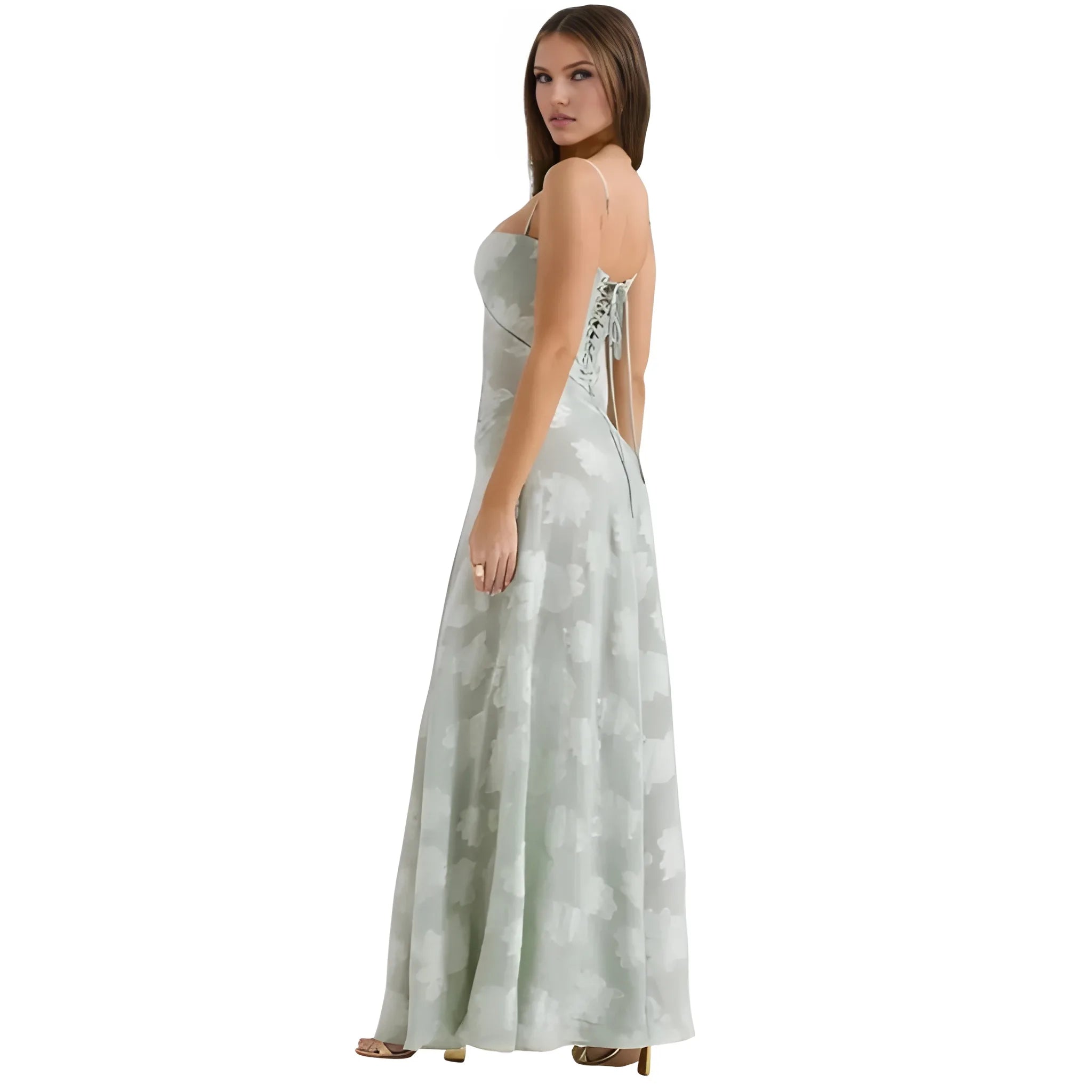 Women's Ethereal Structured Maxi Wedding Guest Dress with Corset Back and Spaghetti Straps