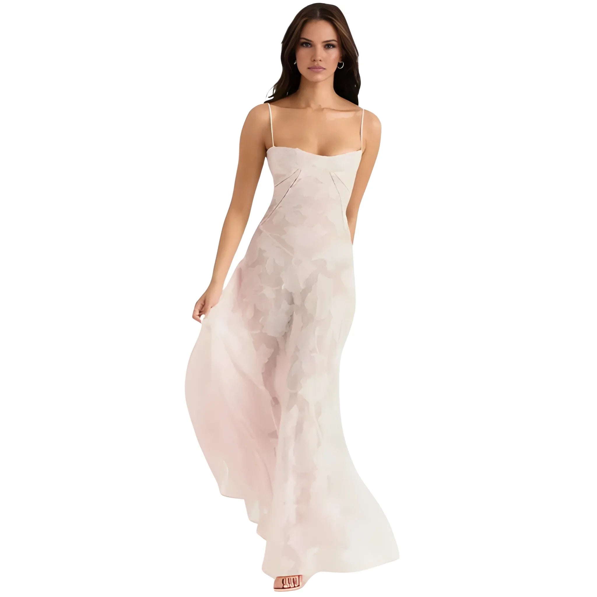Women's Ethereal Structured Maxi Wedding Guest Dress with Corset Back and Spaghetti Straps