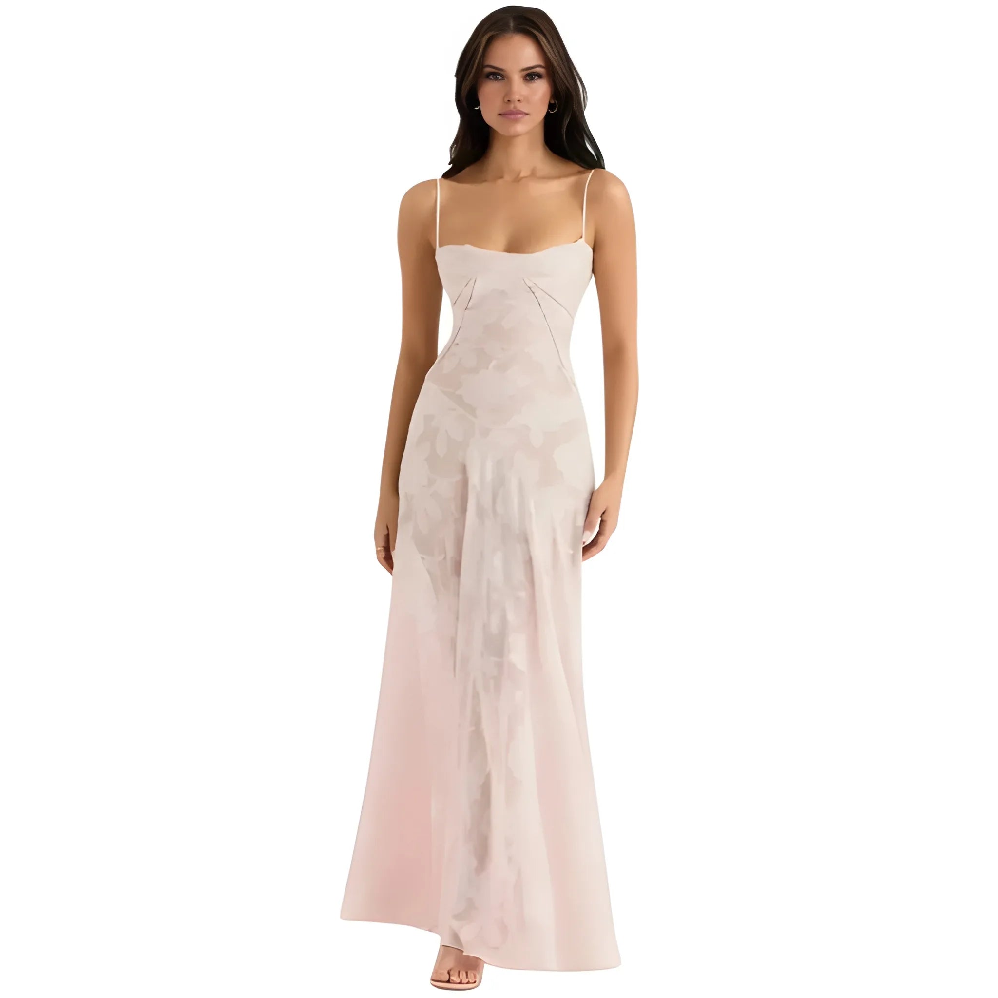 Women's Ethereal Structured Maxi Wedding Guest Dress with Corset Back and Spaghetti Straps