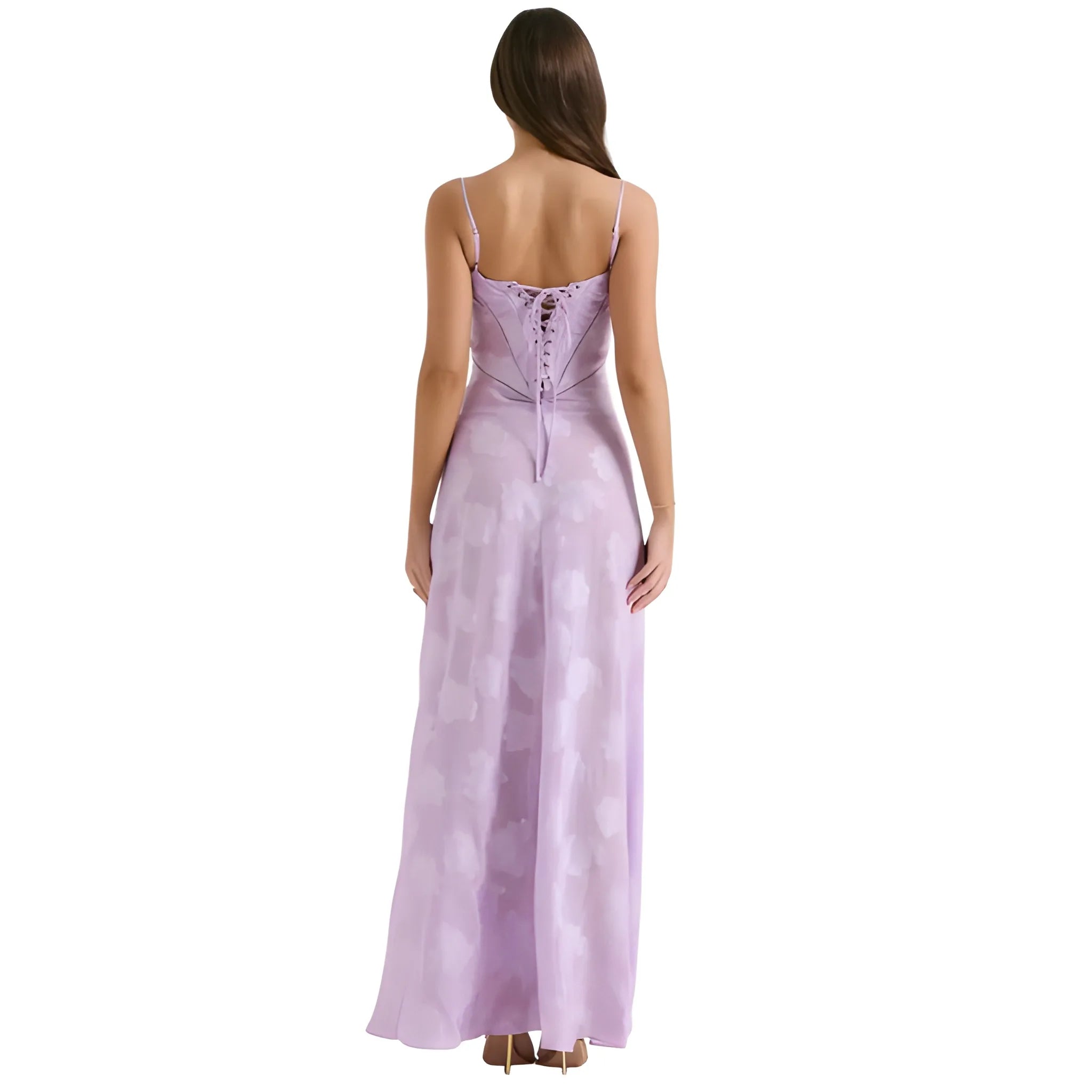 Women's Ethereal Structured Maxi Wedding Guest Dress with Corset Back and Spaghetti Straps