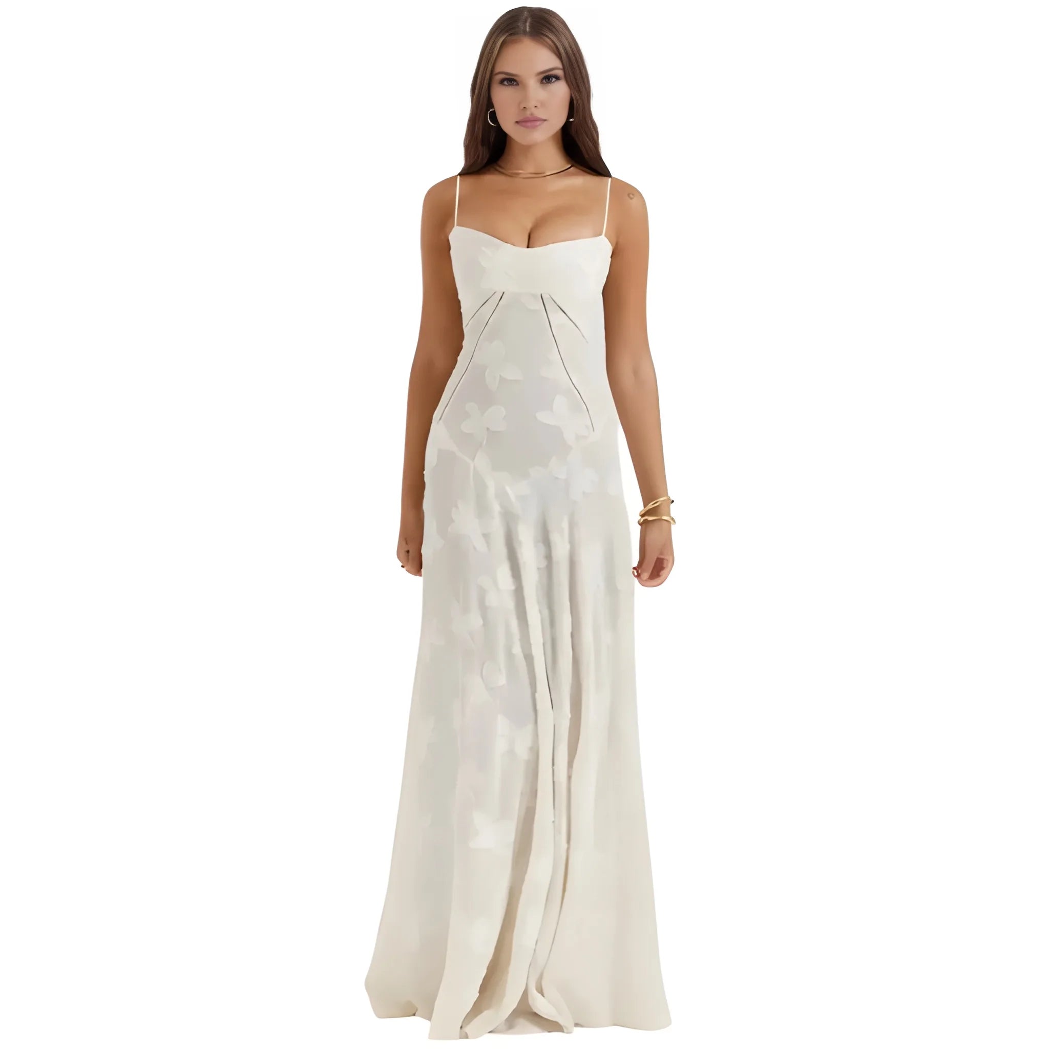Women's Ethereal Structured Maxi Wedding Guest Dress with Corset Back and Spaghetti Straps